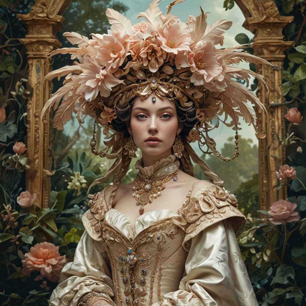 This image is a highly stylized and surreal portrait that exudes a sense of fantasy and otherworldliness. The subject is adorned with an elaborate headdress and a luxurious, draped garment that blends with the surrounding flora, creating a seamless transition between the subject and the environment.

The art style is reminiscent of Baroque and Rococo influences, with a touch of surrealism. The subject's face is painted with intricate details that mimic the appearance of a mask, with a focus on the eyes and lips. The use of metallic and iridescent pigments gives the face a luminous quality, while the rest of the body is draped in a rich, emerald green fabric that suggests velvet or satin.

The colors in the image are moody and atmospheric, with a predominance of greens, browns, and earthy tones. The flowers in the headdress and garment are a mix of yellows, oranges, and pinks, providing a warm contrast to the cool tones of the subject's attire. The metallic accents on the face add a subtle gleam, while the overall palette evokes a sense of mystery and depth.

The medium appears to be a combination of photography and digital manipulation, given the smooth blending of textures and the seamless integration of the subject with the background. The lighting is dramatic and chiaroscuro, with deep shadows that accentuate the contours of the subject and the three-dimensional quality of the objects.

Objects in the image include a variety of flowers, such as roses, daisies, and sunflowers, which are intricately arranged in the headdress and garment. The flowers are rendered with a high degree of realism, with petals that appear velvety and leaves that have a lifelike sheen. The subject's hand is delicately poised, with manicured nails that match the color of the garment, further enhancing the seamless integration with the floral elements.

Overall, the image is a visually striking and thought-provoking piece that invites viewers to ponder the themes of nature, transformation, and the blending of humanity with the natural world.