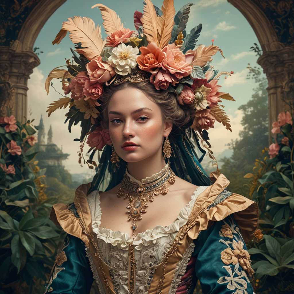 This image is a highly stylized and surreal portrait that exudes a sense of fantasy and otherworldliness. The subject is adorned with an elaborate headdress and a luxurious, draped garment that blends with the surrounding flora, creating a seamless transition between the subject and the environment.

The art style is reminiscent of Baroque and Rococo influences, with a touch of surrealism. The subject's face is painted with intricate details that mimic the appearance of a mask, with a focus on the eyes and lips. The use of metallic and iridescent pigments gives the face a luminous quality, while the rest of the body is draped in a rich, emerald green fabric that suggests velvet or satin.

The colors in the image are moody and atmospheric, with a predominance of greens, browns, and earthy tones. The flowers in the headdress and garment are a mix of yellows, oranges, and pinks, providing a warm contrast to the cool tones of the subject's attire. The metallic accents on the face add a subtle gleam, while the overall palette evokes a sense of mystery and depth.

The medium appears to be a combination of photography and digital manipulation, given the smooth blending of textures and the seamless integration of the subject with the background. The lighting is dramatic and chiaroscuro, with deep shadows that accentuate the contours of the subject and the three-dimensional quality of the objects.

Objects in the image include a variety of flowers, such as roses, daisies, and sunflowers, which are intricately arranged in the headdress and garment. The flowers are rendered with a high degree of realism, with petals that appear velvety and leaves that have a lifelike sheen. The subject's hand is delicately poised, with manicured nails that match the color of the garment, further enhancing the seamless integration with the floral elements.

Overall, the image is a visually striking and thought-provoking piece that invites viewers to ponder the themes of nature, transformation, and the blending of humanity with the natural world.