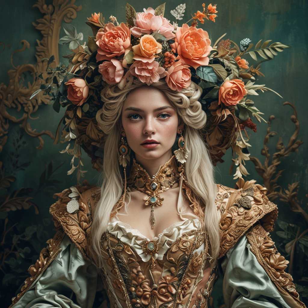 This image is a highly stylized and surreal portrait that exudes a sense of fantasy and otherworldliness. The subject is adorned with an elaborate headdress and a luxurious, draped garment that blends with the surrounding flora, creating a seamless transition between the subject and the environment.

The art style is reminiscent of Baroque and Rococo influences, with a touch of surrealism. The subject's face is painted with intricate details that mimic the appearance of a mask, with a focus on the eyes and lips. The use of metallic and iridescent pigments gives the face a luminous quality, while the rest of the body is draped in a rich, emerald green fabric that suggests velvet or satin.

The colors in the image are moody and atmospheric, with a predominance of greens, browns, and earthy tones. The flowers in the headdress and garment are a mix of yellows, oranges, and pinks, providing a warm contrast to the cool tones of the subject's attire. The metallic accents on the face add a subtle gleam, while the overall palette evokes a sense of mystery and depth.

The medium appears to be a combination of photography and digital manipulation, given the smooth blending of textures and the seamless integration of the subject with the background. The lighting is dramatic and chiaroscuro, with deep shadows that accentuate the contours of the subject and the three-dimensional quality of the objects.

Objects in the image include a variety of flowers, such as roses, daisies, and sunflowers, which are intricately arranged in the headdress and garment. The flowers are rendered with a high degree of realism, with petals that appear velvety and leaves that have a lifelike sheen. The subject's hand is delicately poised, with manicured nails that match the color of the garment, further enhancing the seamless integration with the floral elements.

Overall, the image is a visually striking and thought-provoking piece that invites viewers to ponder the themes of nature, transformation, and the blending of humanity with the natural world.