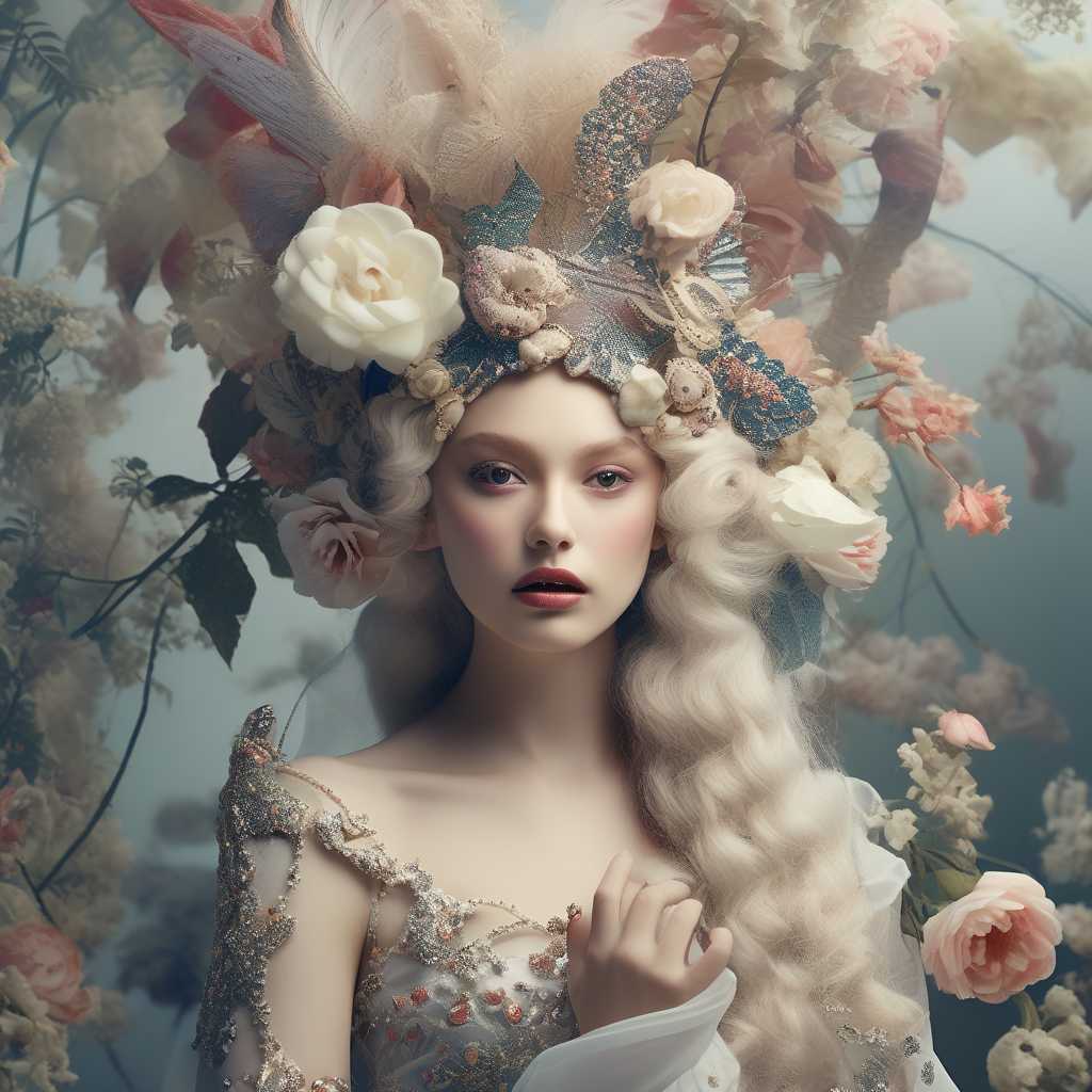 This image is a highly stylized and surreal portrait that exudes a sense of fantasy and otherworldliness. The subject is adorned with an elaborate headdress and a luxurious, draped garment that blends with the surrounding flora, creating a seamless transition between the subject and the environment.

The art style is reminiscent of Baroque and Rococo influences, with a touch of surrealism. The subject's face is painted with intricate details that mimic the appearance of a mask, with a focus on the eyes and lips. The use of metallic and iridescent pigments gives the face a luminous quality, while the rest of the body is draped in a rich, emerald green fabric that suggests velvet or satin.

The colors in the image are moody and atmospheric, with a predominance of greens, browns, and earthy tones. The flowers in the headdress and garment are a mix of yellows, oranges, and pinks, providing a warm contrast to the cool tones of the subject's attire. The metallic accents on the face add a subtle gleam, while the overall palette evokes a sense of mystery and depth.

The medium appears to be a combination of photography and digital manipulation, given the smooth blending of textures and the seamless integration of the subject with the background. The lighting is dramatic and chiaroscuro, with deep shadows that accentuate the contours of the subject and the three-dimensional quality of the objects.

Objects in the image include a variety of flowers, such as roses, daisies, and sunflowers, which are intricately arranged in the headdress and garment. The flowers are rendered with a high degree of realism, with petals that appear velvety and leaves that have a lifelike sheen. The subject's hand is delicately poised, with manicured nails that match the color of the garment, further enhancing the seamless integration with the floral elements.

Overall, the image is a visually striking and thought-provoking piece that invites viewers to ponder the themes of nature, transformation, and the blending of humanity with the natural world.