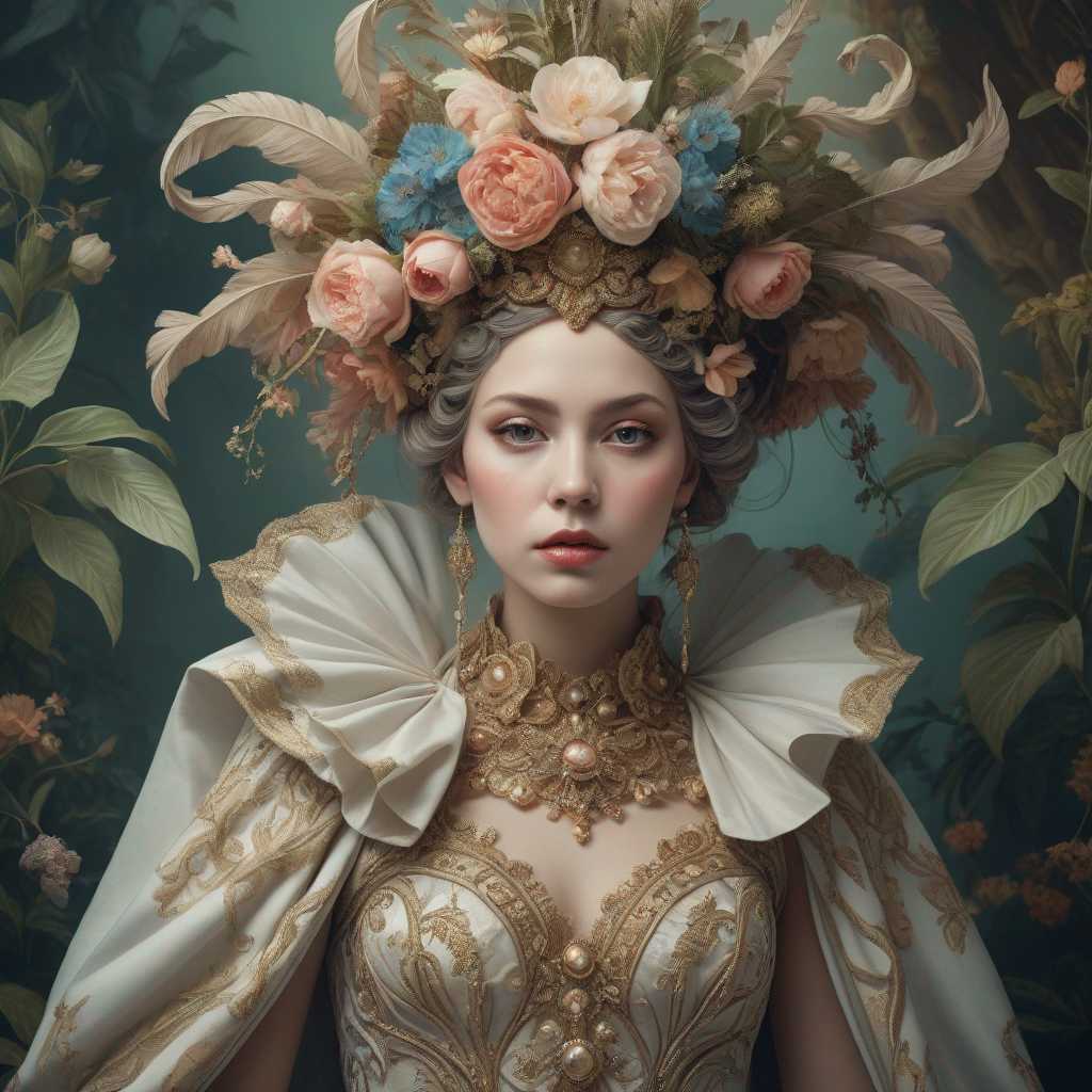 This image is a highly stylized and surreal portrait that exudes a sense of fantasy and otherworldliness. The subject is adorned with an elaborate headdress and a luxurious, draped garment that blends with the surrounding flora, creating a seamless transition between the subject and the environment.

The art style is reminiscent of Baroque and Rococo influences, with a touch of surrealism. The subject's face is painted with intricate details that mimic the appearance of a mask, with a focus on the eyes and lips. The use of metallic and iridescent pigments gives the face a luminous quality, while the rest of the body is draped in a rich, emerald green fabric that suggests velvet or satin.

The colors in the image are moody and atmospheric, with a predominance of greens, browns, and earthy tones. The flowers in the headdress and garment are a mix of yellows, oranges, and pinks, providing a warm contrast to the cool tones of the subject's attire. The metallic accents on the face add a subtle gleam, while the overall palette evokes a sense of mystery and depth.

The medium appears to be a combination of photography and digital manipulation, given the smooth blending of textures and the seamless integration of the subject with the background. The lighting is dramatic and chiaroscuro, with deep shadows that accentuate the contours of the subject and the three-dimensional quality of the objects.

Objects in the image include a variety of flowers, such as roses, daisies, and sunflowers, which are intricately arranged in the headdress and garment. The flowers are rendered with a high degree of realism, with petals that appear velvety and leaves that have a lifelike sheen. The subject's hand is delicately poised, with manicured nails that match the color of the garment, further enhancing the seamless integration with the floral elements.

Overall, the image is a visually striking and thought-provoking piece that invites viewers to ponder the themes of nature, transformation, and the blending of humanity with the natural world.