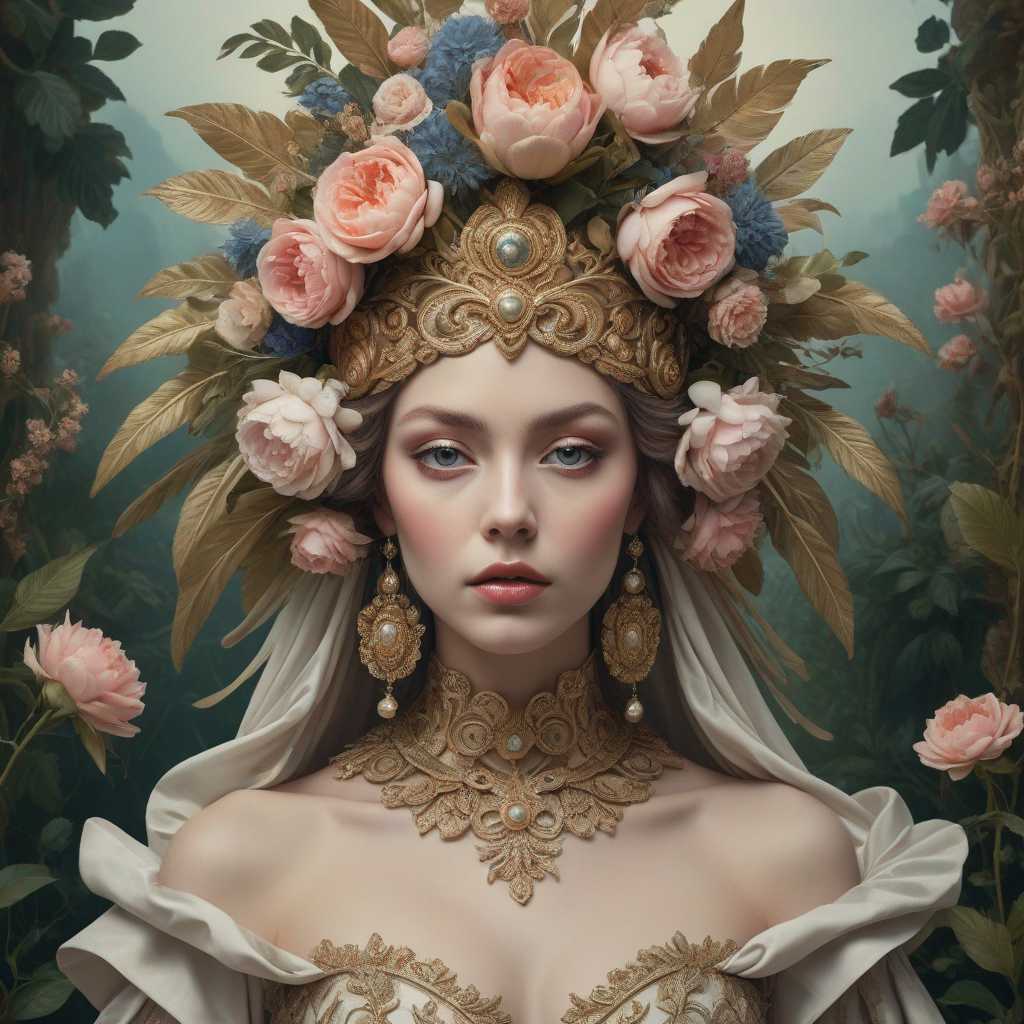 This image is a highly stylized and surreal portrait that exudes a sense of fantasy and otherworldliness. The subject is adorned with an elaborate headdress and a luxurious, draped garment that blends with the surrounding flora, creating a seamless transition between the subject and the environment.

The art style is reminiscent of Baroque and Rococo influences, with a touch of surrealism. The subject's face is painted with intricate details that mimic the appearance of a mask, with a focus on the eyes and lips. The use of metallic and iridescent pigments gives the face a luminous quality, while the rest of the body is draped in a rich, emerald green fabric that suggests velvet or satin.

The colors in the image are moody and atmospheric, with a predominance of greens, browns, and earthy tones. The flowers in the headdress and garment are a mix of yellows, oranges, and pinks, providing a warm contrast to the cool tones of the subject's attire. The metallic accents on the face add a subtle gleam, while the overall palette evokes a sense of mystery and depth.

The medium appears to be a combination of photography and digital manipulation, given the smooth blending of textures and the seamless integration of the subject with the background. The lighting is dramatic and chiaroscuro, with deep shadows that accentuate the contours of the subject and the three-dimensional quality of the objects.

Objects in the image include a variety of flowers, such as roses, daisies, and sunflowers, which are intricately arranged in the headdress and garment. The flowers are rendered with a high degree of realism, with petals that appear velvety and leaves that have a lifelike sheen. The subject's hand is delicately poised, with manicured nails that match the color of the garment, further enhancing the seamless integration with the floral elements.

Overall, the image is a visually striking and thought-provoking piece that invites viewers to ponder the themes of nature, transformation, and the blending of humanity with the natural world.