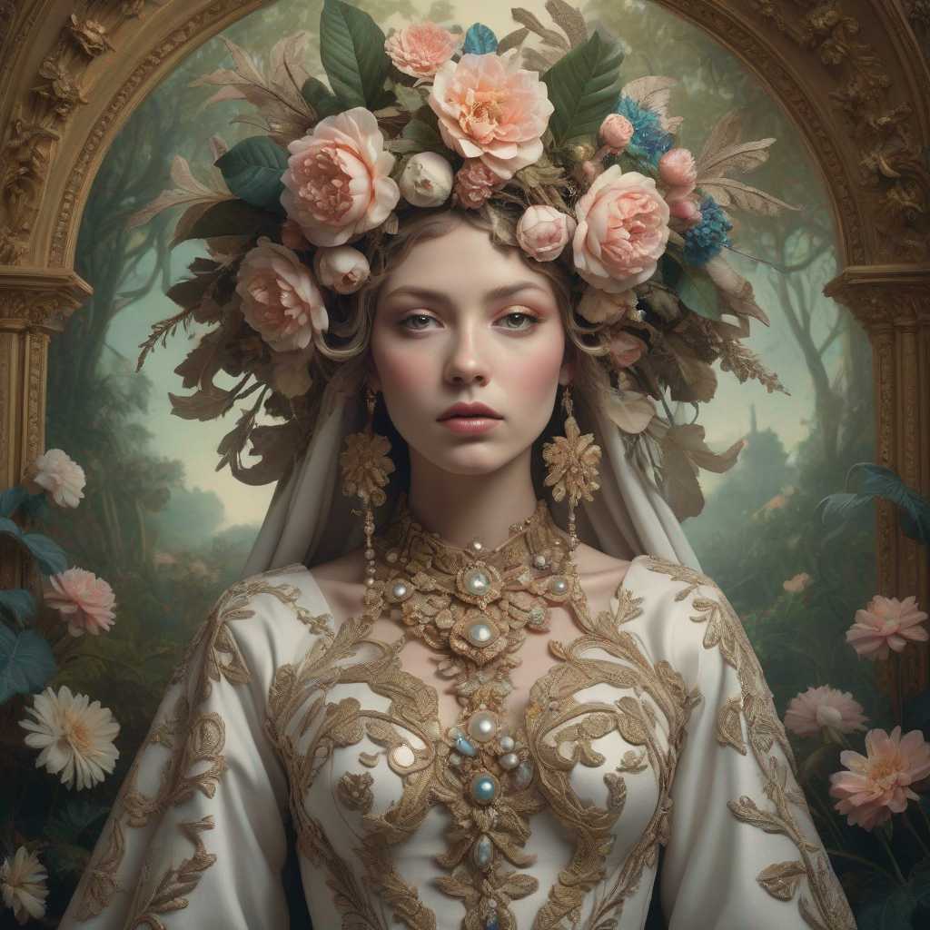 This image is a highly stylized and surreal portrait that exudes a sense of fantasy and otherworldliness. The subject is adorned with an elaborate headdress and a luxurious, draped garment that blends with the surrounding flora, creating a seamless transition between the subject and the environment.

The art style is reminiscent of Baroque and Rococo influences, with a touch of surrealism. The subject's face is painted with intricate details that mimic the appearance of a mask, with a focus on the eyes and lips. The use of metallic and iridescent pigments gives the face a luminous quality, while the rest of the body is draped in a rich, emerald green fabric that suggests velvet or satin.

The colors in the image are moody and atmospheric, with a predominance of greens, browns, and earthy tones. The flowers in the headdress and garment are a mix of yellows, oranges, and pinks, providing a warm contrast to the cool tones of the subject's attire. The metallic accents on the face add a subtle gleam, while the overall palette evokes a sense of mystery and depth.

The medium appears to be a combination of photography and digital manipulation, given the smooth blending of textures and the seamless integration of the subject with the background. The lighting is dramatic and chiaroscuro, with deep shadows that accentuate the contours of the subject and the three-dimensional quality of the objects.

Objects in the image include a variety of flowers, such as roses, daisies, and sunflowers, which are intricately arranged in the headdress and garment. The flowers are rendered with a high degree of realism, with petals that appear velvety and leaves that have a lifelike sheen. The subject's hand is delicately poised, with manicured nails that match the color of the garment, further enhancing the seamless integration with the floral elements.

Overall, the image is a visually striking and thought-provoking piece that invites viewers to ponder the themes of nature, transformation, and the blending of humanity with the natural world.