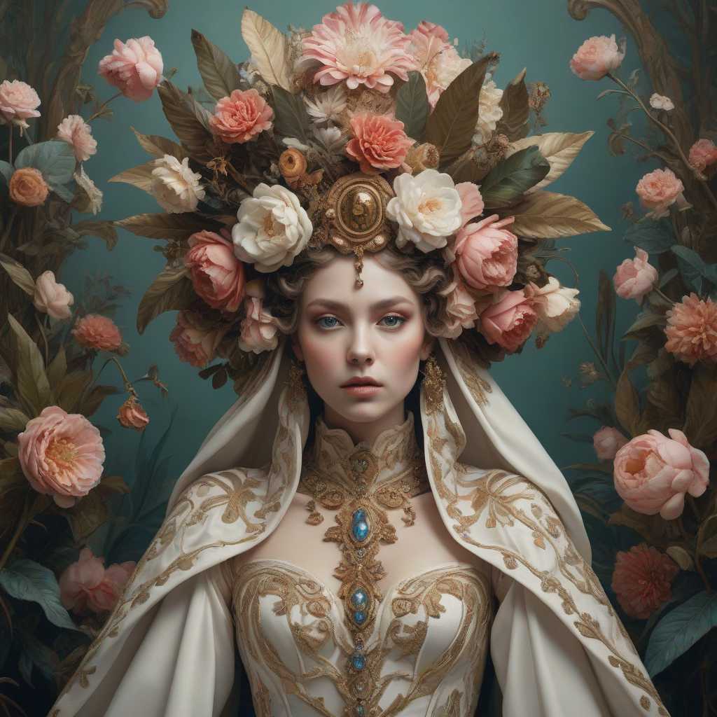 This image is a highly stylized and surreal portrait that exudes a sense of fantasy and otherworldliness. The subject is adorned with an elaborate headdress and a luxurious, draped garment that blends with the surrounding flora, creating a seamless transition between the subject and the environment.

The art style is reminiscent of Baroque and Rococo influences, with a touch of surrealism. The subject's face is painted with intricate details that mimic the appearance of a mask, with a focus on the eyes and lips. The use of metallic and iridescent pigments gives the face a luminous quality, while the rest of the body is draped in a rich, emerald green fabric that suggests velvet or satin.

The colors in the image are moody and atmospheric, with a predominance of greens, browns, and earthy tones. The flowers in the headdress and garment are a mix of yellows, oranges, and pinks, providing a warm contrast to the cool tones of the subject's attire. The metallic accents on the face add a subtle gleam, while the overall palette evokes a sense of mystery and depth.

The medium appears to be a combination of photography and digital manipulation, given the smooth blending of textures and the seamless integration of the subject with the background. The lighting is dramatic and chiaroscuro, with deep shadows that accentuate the contours of the subject and the three-dimensional quality of the objects.

Objects in the image include a variety of flowers, such as roses, daisies, and sunflowers, which are intricately arranged in the headdress and garment. The flowers are rendered with a high degree of realism, with petals that appear velvety and leaves that have a lifelike sheen. The subject's hand is delicately poised, with manicured nails that match the color of the garment, further enhancing the seamless integration with the floral elements.

Overall, the image is a visually striking and thought-provoking piece that invites viewers to ponder the themes of nature, transformation, and the blending of humanity with the natural world.