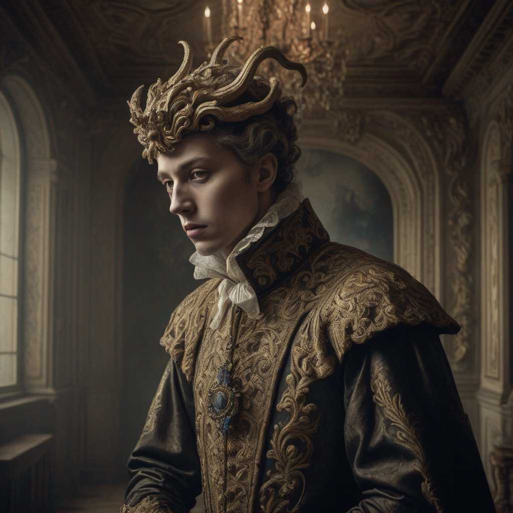 This image is a surreal and evocative portrayal of a figure that could be interpreted as a blend of a historical figure and a fantastical creature. The art style is reminiscent of Baroque painting, with a focus on dramatic lighting, rich textures, and a sense of opulence. The medium appears to be a combination of photography and digital manipulation, creating a lifelike yet otherworldly quality.

The colors in the image are moody and rich, with a predominance of deep reds, golds, and earthy tones. The reds of the figure's garment and the surrounding objects create a sense of warmth and passion, while the golds add a touch of luxury and grandeur. The earthy tones of the animals and the background contribute to a sense of decay and the passage of time.

The objects in the image are numerous and varied, each contributing to the overall surreal and somber mood. The figure is seated in an ornate, gilded chair that suggests a sense of power and authority. The chair is covered in a rich, textured fabric that contrasts with the smooth, almost porcelain-like skin of the figure. The figure's hands are clasped over a small, lifeless creature, which adds to the eerie and melancholic atmosphere of the scene.

Surrounding the figure are several animals, including a rabbit, a cat, and a bird, which are all rendered in a lifelike manner. The rabbit is perched on the figure's shoulder, looking outward with a calm and somewhat detached expression. The cat is curled up on the figure's lap, appearing content and at ease. The bird is perched on the figure's arm, its feathers detailed and realistic, adding to the sense of stillness and quietude in the scene.

The overall composition of the image is dense and crowded, with objects and elements layered upon one another to create a sense of depth and complexity. The figure's elaborate costume and the surrounding details contribute to a sense of opulence and extravagance, while the overall mood of the image is one of melancholy and introspection.