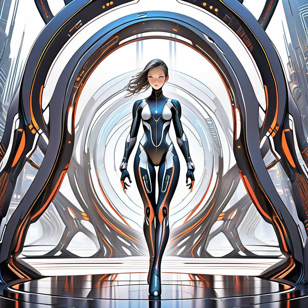This image is a digital artwork that captures a female figure in a futuristic setting. The art style is highly detailed and realistic with a touch of anime influence, evident in the exaggerated proportions and the smooth, curvilinear lines of the figure's suit. The medium appears to be a digital painting, given the smooth blending of colors and the lack of texture that might be present in a traditional painting.

The colors in the image are rich and varied, with a predominance of cool tones that give the scene a somewhat melancholic or contemplative atmosphere. The sky is a soft blue, transitioning to a warm orange near the horizon, suggesting either sunrise or sunset. The figure's suit is primarily black with metallic silver and gold accents, which stand out against the cooler background. The metallic sheen of the suit reflects the light, adding depth and dimension to the image.

The objects in the image are numerous and contribute to the futuristic and dystopian feel of the scene. The figure is seated on what appears to be a pile of debris or rubble, which could be remnants of a once-bustling city. In the background, there are towering structures that resemble skyscrapers or futuristic buildings, some of which are intact while others are in ruins. The ruins are adorned with mechanical parts and wires, suggesting a world that has advanced to a point where technology is both ubiquitous and decaying. The ground is littered with broken pieces of machinery and twisted metal, further emphasizing the post-apocalyptic or dystopian theme.

Overall, the image is a powerful visual narrative that combines elements of science fiction and dystopian themes, all wrapped in a visually stunning and meticulously crafted digital painting.