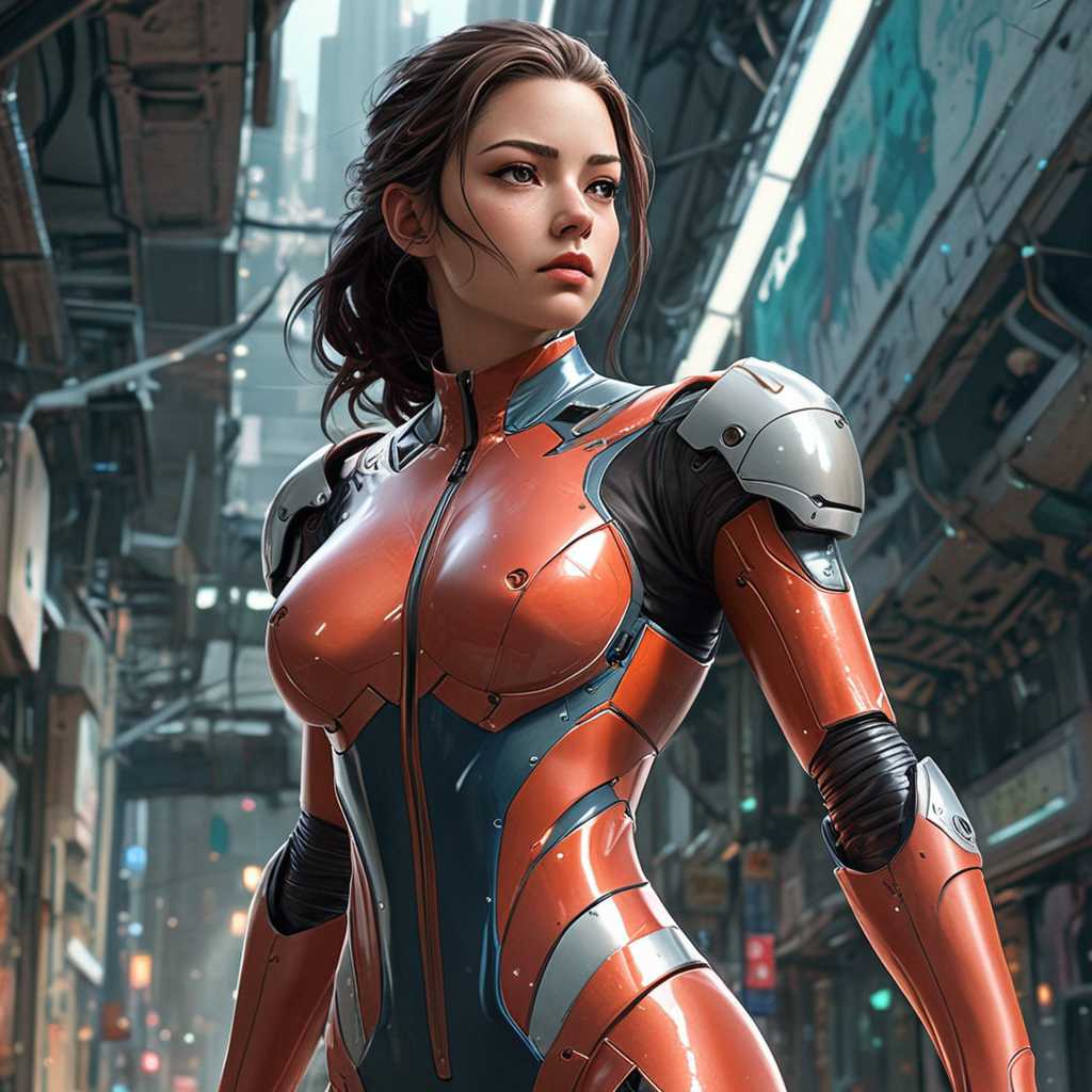 This image is a digital artwork that captures a female figure in a futuristic setting. The art style is highly detailed and realistic with a touch of anime influence, evident in the exaggerated proportions and the smooth, curvilinear lines of the figure's suit. The medium appears to be a digital painting, given the smooth blending of colors and the lack of texture that might be present in a traditional painting.

The colors in the image are rich and varied, with a predominance of cool tones that give the scene a somewhat melancholic or contemplative atmosphere. The sky is a soft blue, transitioning to a warm orange near the horizon, suggesting either sunrise or sunset. The figure's suit is primarily black with metallic silver and gold accents, which stand out against the cooler background. The metallic sheen of the suit reflects the light, adding depth and dimension to the image.

The objects in the image are numerous and contribute to the futuristic and dystopian feel of the scene. The figure is seated on what appears to be a pile of debris or rubble, which could be remnants of a once-bustling city. In the background, there are towering structures that resemble skyscrapers or futuristic buildings, some of which are intact while others are in ruins. The ruins are adorned with mechanical parts and wires, suggesting a world that has advanced to a point where technology is both ubiquitous and decaying. The ground is littered with broken pieces of machinery and twisted metal, further emphasizing the post-apocalyptic or dystopian theme.

Overall, the image is a powerful visual narrative that combines elements of science fiction and dystopian themes, all wrapped in a visually stunning and meticulously crafted digital painting.