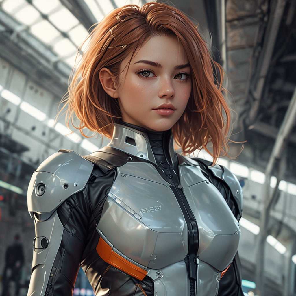 This image is a digital artwork that captures a female figure in a futuristic setting. The art style is highly detailed and realistic with a touch of anime influence, evident in the exaggerated proportions and the smooth, curvilinear lines of the figure's suit. The medium appears to be a digital painting, given the smooth blending of colors and the lack of texture that might be present in a traditional painting.

The colors in the image are rich and varied, with a predominance of cool tones that give the scene a somewhat melancholic or contemplative atmosphere. The sky is a soft blue, transitioning to a warm orange near the horizon, suggesting either sunrise or sunset. The figure's suit is primarily black with metallic silver and gold accents, which stand out against the cooler background. The metallic sheen of the suit reflects the light, adding depth and dimension to the image.

The objects in the image are numerous and contribute to the futuristic and dystopian feel of the scene. The figure is seated on what appears to be a pile of debris or rubble, which could be remnants of a once-bustling city. In the background, there are towering structures that resemble skyscrapers or futuristic buildings, some of which are intact while others are in ruins. The ruins are adorned with mechanical parts and wires, suggesting a world that has advanced to a point where technology is both ubiquitous and decaying. The ground is littered with broken pieces of machinery and twisted metal, further emphasizing the post-apocalyptic or dystopian theme.

Overall, the image is a powerful visual narrative that combines elements of science fiction and dystopian themes, all wrapped in a visually stunning and meticulously crafted digital painting.