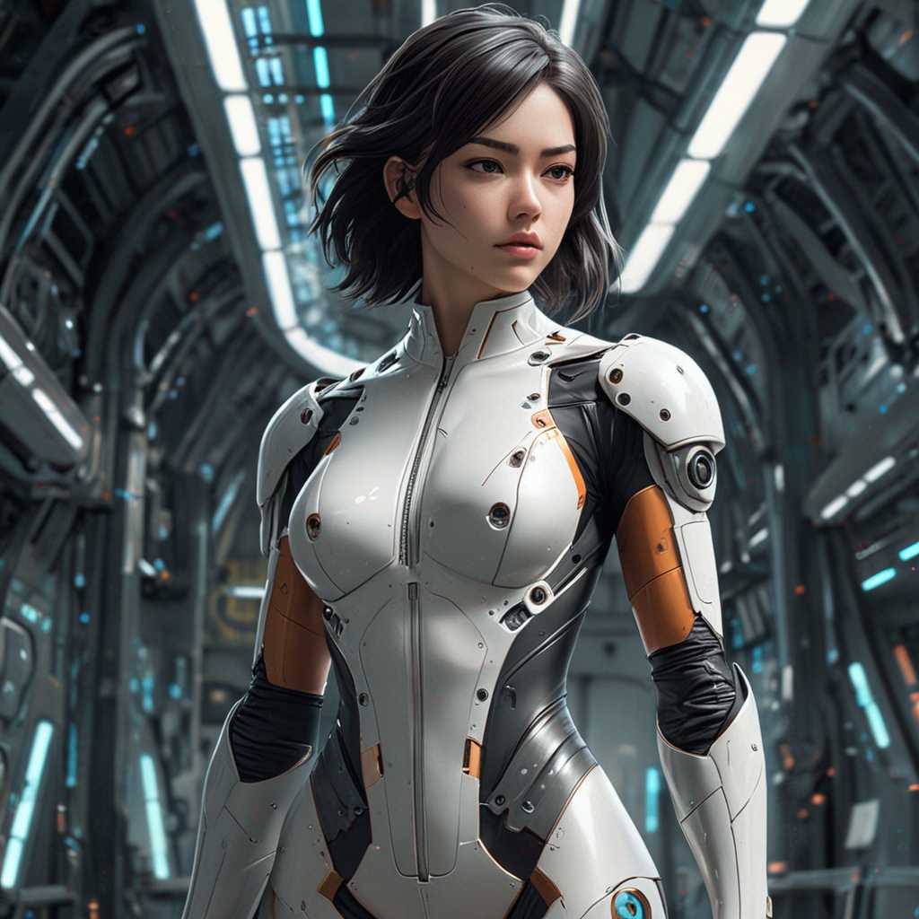 This image is a digital artwork that captures a female figure in a futuristic setting. The art style is highly detailed and realistic with a touch of anime influence, evident in the exaggerated proportions and the smooth, curvilinear lines of the figure's suit. The medium appears to be a digital painting, given the smooth blending of colors and the lack of texture that might be present in a traditional painting.

The colors in the image are rich and varied, with a predominance of cool tones that give the scene a somewhat melancholic or contemplative atmosphere. The sky is a soft blue, transitioning to a warm orange near the horizon, suggesting either sunrise or sunset. The figure's suit is primarily black with metallic silver and gold accents, which stand out against the cooler background. The metallic sheen of the suit reflects the light, adding depth and dimension to the image.

The objects in the image are numerous and contribute to the futuristic and dystopian feel of the scene. The figure is seated on what appears to be a pile of debris or rubble, which could be remnants of a once-bustling city. In the background, there are towering structures that resemble skyscrapers or futuristic buildings, some of which are intact while others are in ruins. The ruins are adorned with mechanical parts and wires, suggesting a world that has advanced to a point where technology is both ubiquitous and decaying. The ground is littered with broken pieces of machinery and twisted metal, further emphasizing the post-apocalyptic or dystopian theme.

Overall, the image is a powerful visual narrative that combines elements of science fiction and dystopian themes, all wrapped in a visually stunning and meticulously crafted digital painting.