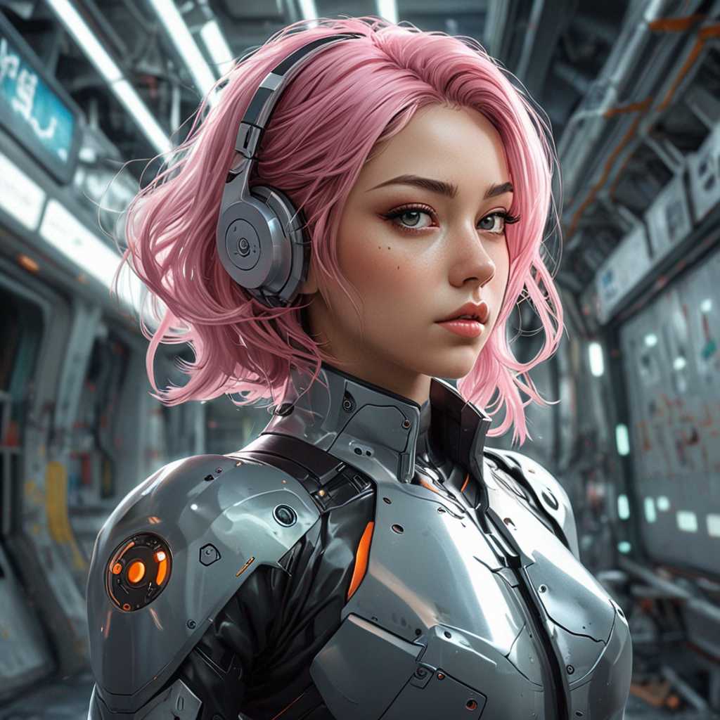 Cybernetic Warrior with Pink Hair in a HighTech Environment