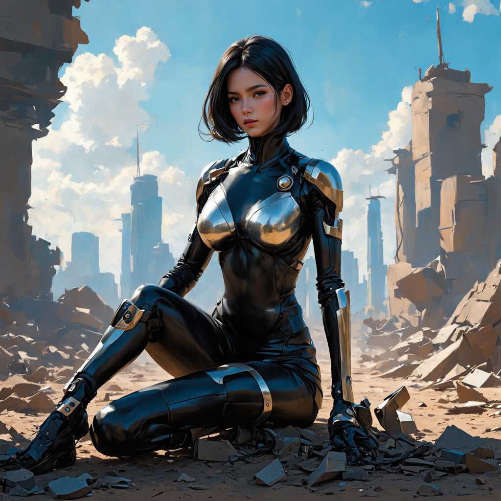 This image is a digital artwork that captures a female figure in a futuristic setting. The art style is highly detailed and realistic with a touch of anime influence, evident in the exaggerated proportions and the smooth, curvilinear lines of the figure's suit. The medium appears to be a digital painting, given the smooth blending of colors and the lack of texture that might be present in a traditional painting.  The colors in the image are rich and varied, with a predominance of cool tones that give the scene a somewhat melancholic or contemplative atmosphere. The sky is a soft blue, transitioning to a warm orange near the horizon, suggesting either sunrise or sunset. The figure's suit is primarily black with metallic silver and gold accents, which stand out against the cooler background. The metallic sheen of the suit reflects the light, adding depth and dimension to the image.  The objects in the image are numerous and contribute to the futuristic and dystopian feel of the scene. The figure is seated on what appears to be a pile of debris or rubble, which could be remnants of a once-bustling city. In the background, there are towering structures that resemble skyscrapers or futuristic buildings, some of which are intact while others are in ruins. The ruins are adorned with mechanical parts and wires, suggesting a world that has advanced to a point where technology is both ubiquitous and decaying. The ground is littered with broken pieces of machinery and twisted metal, further emphasizing the post-apocalyptic or dystopian theme.  Overall, the image is a powerful visual narrative that combines elements of science fiction and dystopian themes, all wrapped in a visually stunning and meticulously crafted digital painting.
