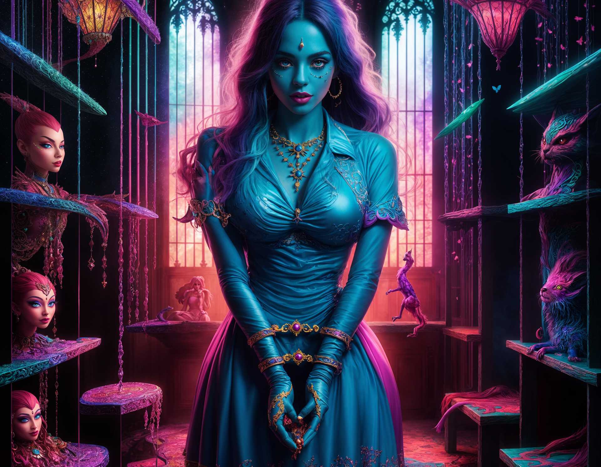 Enigmatic Blue-Glowing Lady in a Whimsical, Fantasy Setting