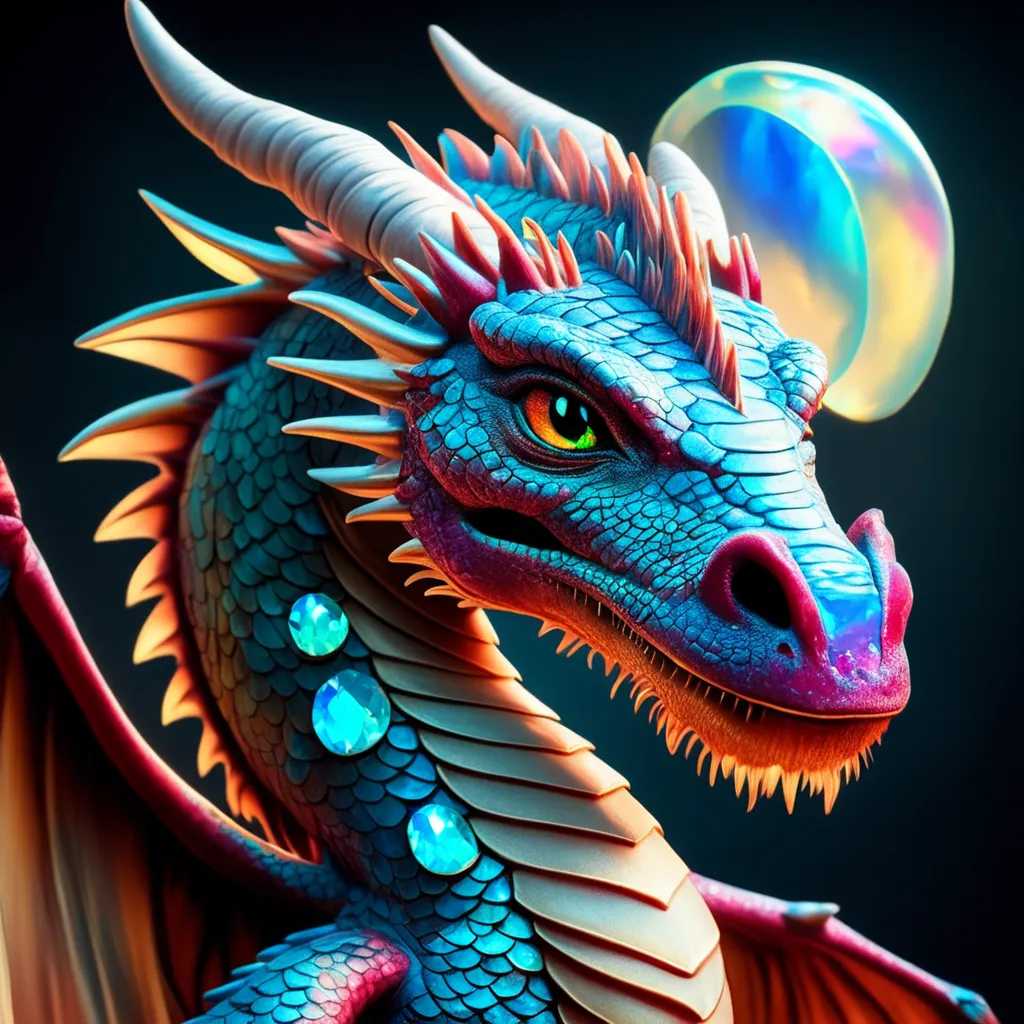 A beautiful portrait photograph of a dragon with diamond and gemstone scales, opal eyes, cinematic, gem, diamond, crystal, fantasy art, hyperdetailed photograph, shiny scales, 8k resolution