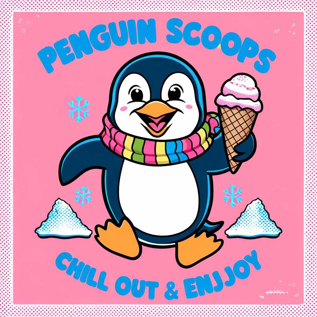 A stylized cartoon image, pastel pink background, a grinning penguin holding an ice cream cone, the penguin is wearing a colorful striped scarf, large eyes and an excited expression, the penguin is waddling on its feet, the ice cream cone is held in one flipper, small icebergs and snowflakes on either side of the penguin, the text "Penguin Scoops" is in large blue letters at the top, the text "Chill Out & Enjoy" at the bottom in blue, the overall style is retro with halftone shading