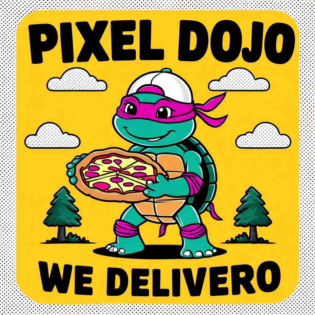 a stylized cartoon image, yellow background, a ninja turtle holding a pizza, the turtle is wearing a white and brown cap, large eyes and a friendly expression, the turtle is standing on its hind legs, the pizza is held in both of its front legs, small clouds and trees on either side of the turtle, the text "Pixel Dojo" is in large brown letters at the top, the text "We Deliver" at the bottom in brown, the overall style is retro with halftone shading