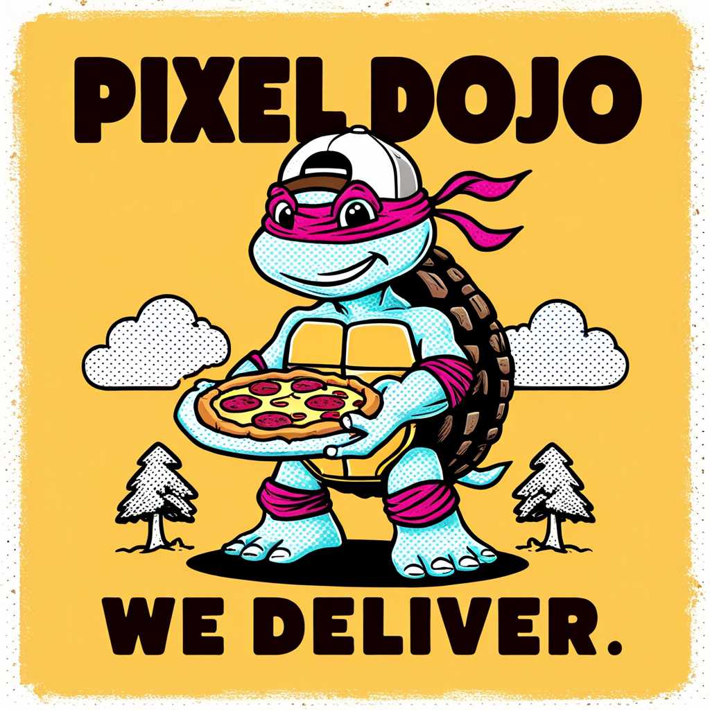 a stylized cartoon image, yellow background, a ninja turtle holding a pizza, the turtle is wearing a white and brown cap, large eyes and a friendly expression, the turtle is standing on its hind legs, the pizza is held in both of its front legs, small clouds and trees on either side of the turtle, the text "Pixel Dojo" is in large brown letters at the top, the text "We Deliver" at the bottom in brown, the overall style is retro with halftone shading