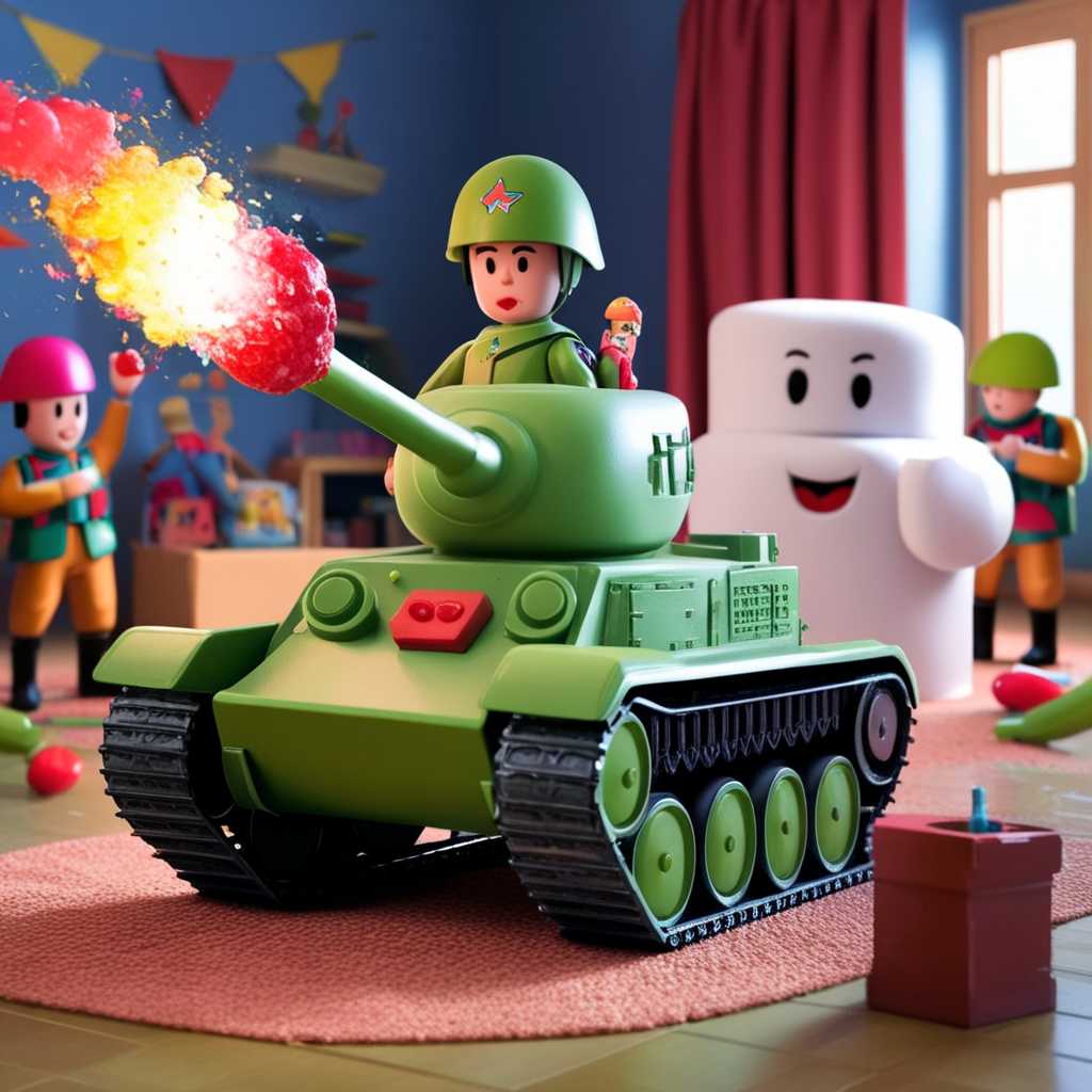 toy soldier as a 3d illustration with toy tank in the background on in a children's room the tank is firing candy and a giant marshmallow figure and the soldiers in the background have differentt expressions