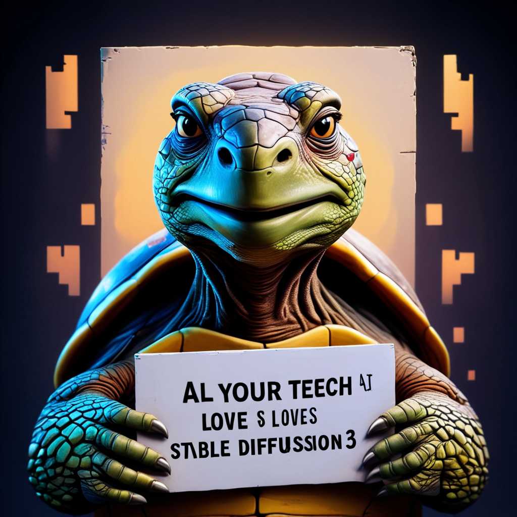 a portrait photo of an anthropomorphic tortoise holding a sign reading "All Your Tech AI Loves Stable Diffusion 3!"