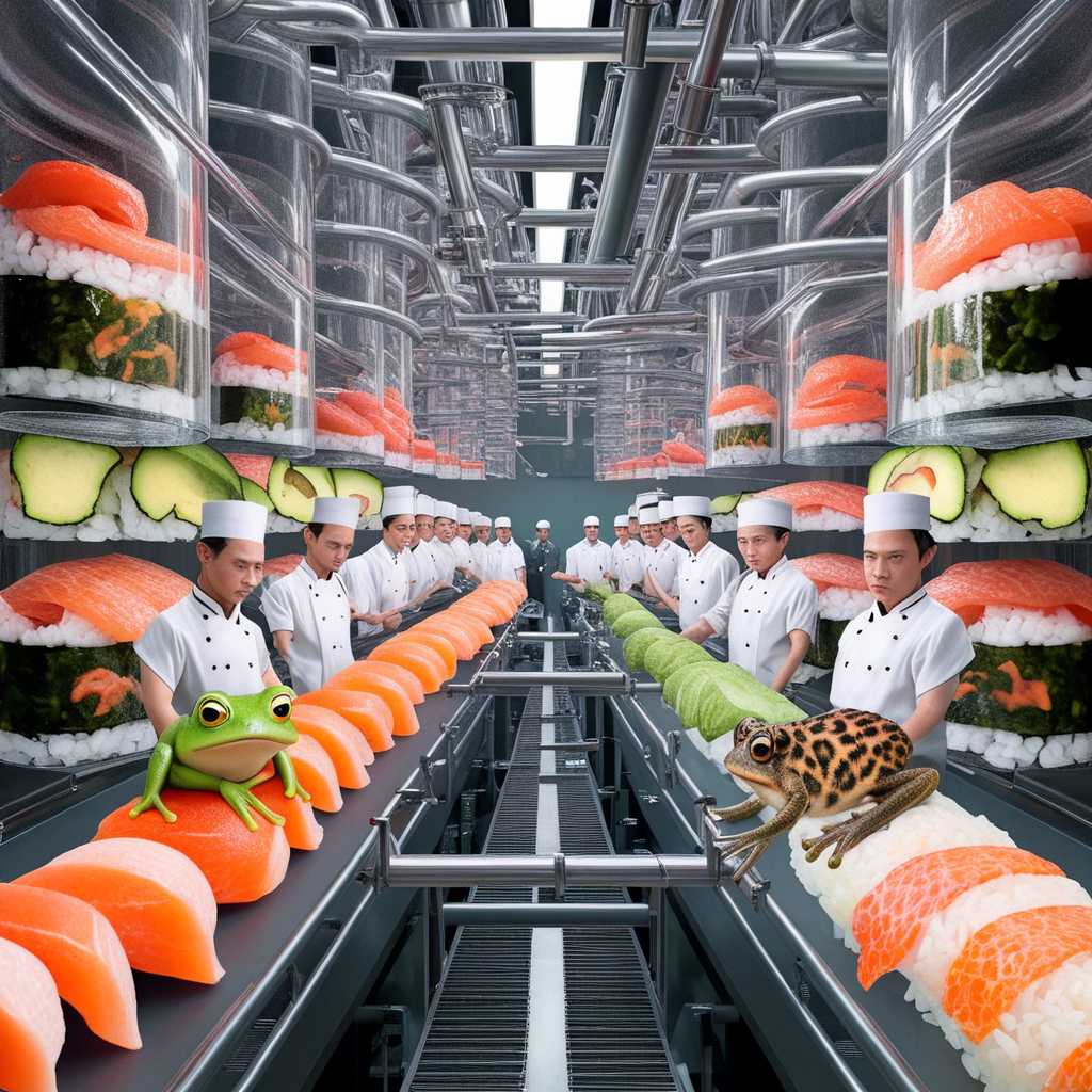 This image depicts a surreal and futuristic sushi-making factory. The factory is filled with an intricate network of clear, cylindrical tubes that are stacked on top of each other, creating a towering structure. These tubes are filled with various sushi rolls, each one meticulously arranged with different ingredients such as salmon, tuna, avocado, and seaweed.  At the base of the tubes, there are chefs in white uniforms and toques, who are intently observing the tubes. They appear to be monitoring the sushi-making process, ensuring that everything is going smoothly. The chefs are positioned on a walkway that runs horizontally across the tubes, allowing them to oversee the entire operation.  The tubes are connected by a complex network of pipes and tubes that crisscross above and below the walkway. These pipes likely serve as conduits for the sushi ingredients and tools necessary for the sushi-making process.  In the foreground, there are two distinct sushi rolls that stand out. One roll has a green frog perched on top, and the other has a leopard print frog. These whimsical additions add a touch of humor and surrealism to the scene.  The overall atmosphere of the image is one of industrious efficiency mixed with playful imagination. The chefs' focused expressions and the intricate setup of the factory convey a sense of precision and dedication to their craft. However, the inclusion of the frogs introduces a fantastical element, as it is not common to see live animals in a sushi-making environment.  The lighting in the image is bright and artificial, casting a sterile glow over the entire factory. The colors are vivid, with the orange of the salmon, the green of the avocado, and the white of the rice creating a visually appealing palette.  Overall, this image is a creative and imaginative take on the sushi-making process, blending reality with fantasy to create a captivating and thought-provoking scene.