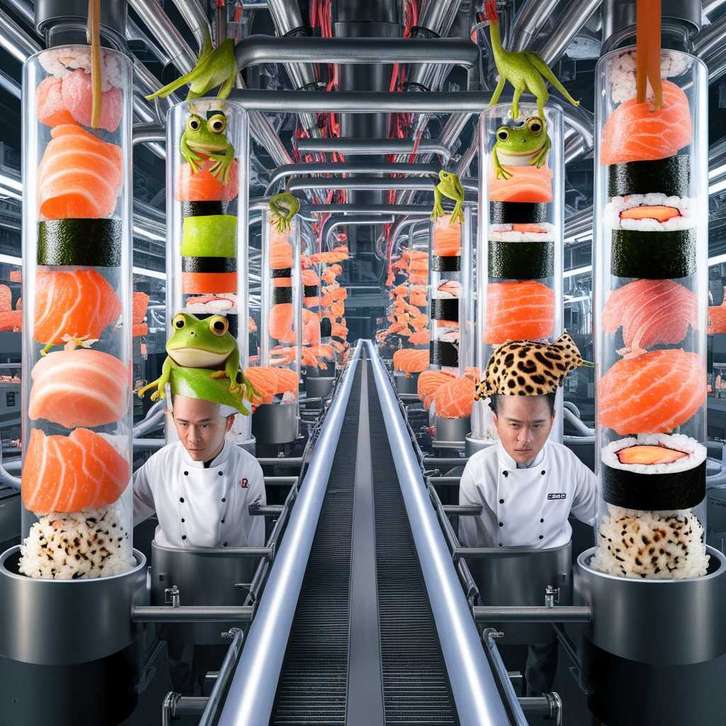 This image depicts a surreal and futuristic sushi-making factory. The factory is filled with an intricate network of clear, cylindrical tubes that are stacked on top of each other, creating a towering structure. These tubes are filled with various sushi rolls, each one meticulously arranged with different ingredients such as salmon, tuna, avocado, and seaweed.  At the base of the tubes, there are chefs in white uniforms and toques, who are intently observing the tubes. They appear to be monitoring the sushi-making process, ensuring that everything is going smoothly. The chefs are positioned on a walkway that runs horizontally across the tubes, allowing them to oversee the entire operation.  The tubes are connected by a complex network of pipes and tubes that crisscross above and below the walkway. These pipes likely serve as conduits for the sushi ingredients and tools necessary for the sushi-making process.  In the foreground, there are two distinct sushi rolls that stand out. One roll has a green frog perched on top, and the other has a leopard print frog. These whimsical additions add a touch of humor and surrealism to the scene.  The overall atmosphere of the image is one of industrious efficiency mixed with playful imagination. The chefs' focused expressions and the intricate setup of the factory convey a sense of precision and dedication to their craft. However, the inclusion of the frogs introduces a fantastical element, as it is not common to see live animals in a sushi-making environment.  The lighting in the image is bright and artificial, casting a sterile glow over the entire factory. The colors are vivid, with the orange of the salmon, the green of the avocado, and the white of the rice creating a visually appealing palette.  Overall, this image is a creative and imaginative take on the sushi-making process, blending reality with fantasy to create a captivating and thought-provoking scene.