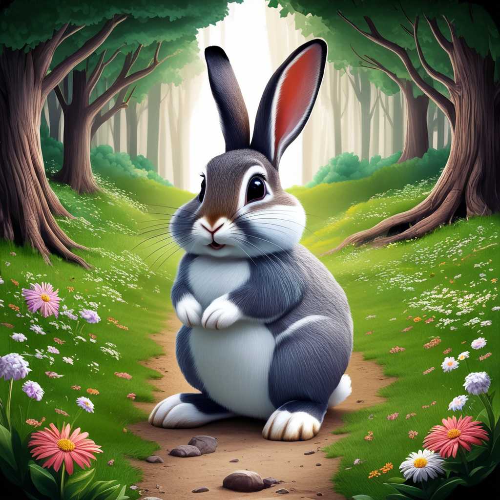 un lapin dans une forêt, la forêt est vraiment bien illustrée, de fleurs, d'arbres, de buissons, un chemin de terre, style pixar 3D