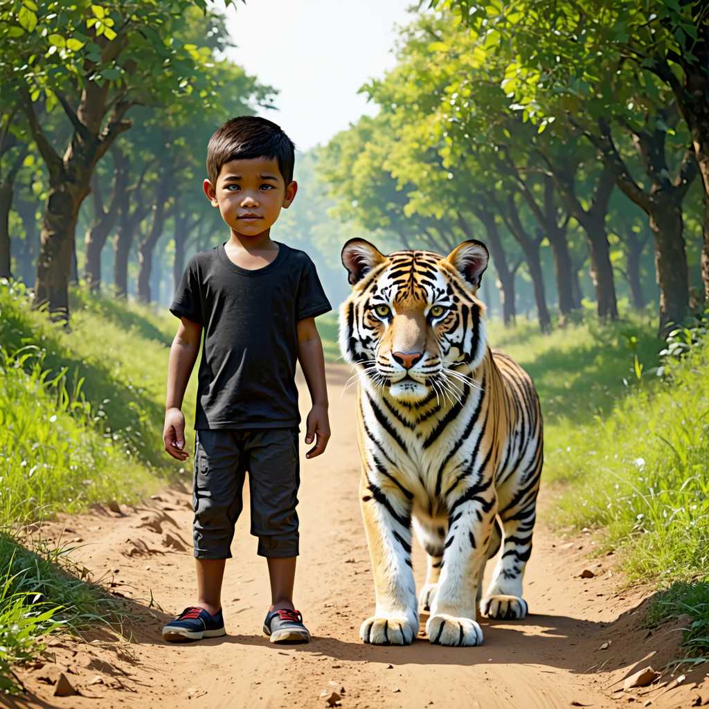 a black child, with a white tiger, they are both on a dirt road in the forest, the forest seems lucid, everything is very realistic and detailed, style unreal engine 3D