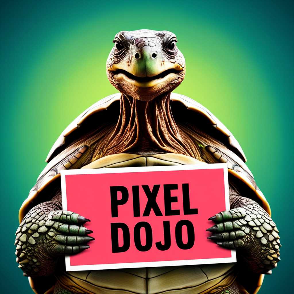 a portrait photo of an anthropomorphic tortoise holding a sign with text reading "PIXEL DOJO"