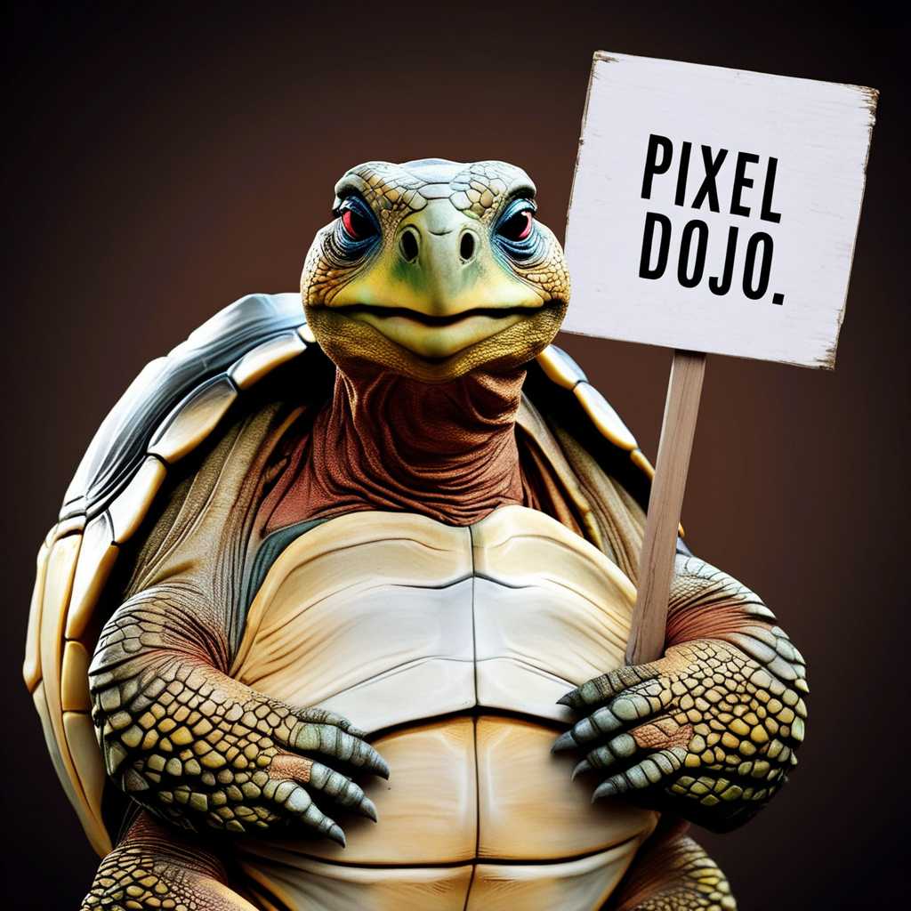 a portrait photo of an anthropomorphic tortoise holding a sign with text reading "PIXEL DOJO"