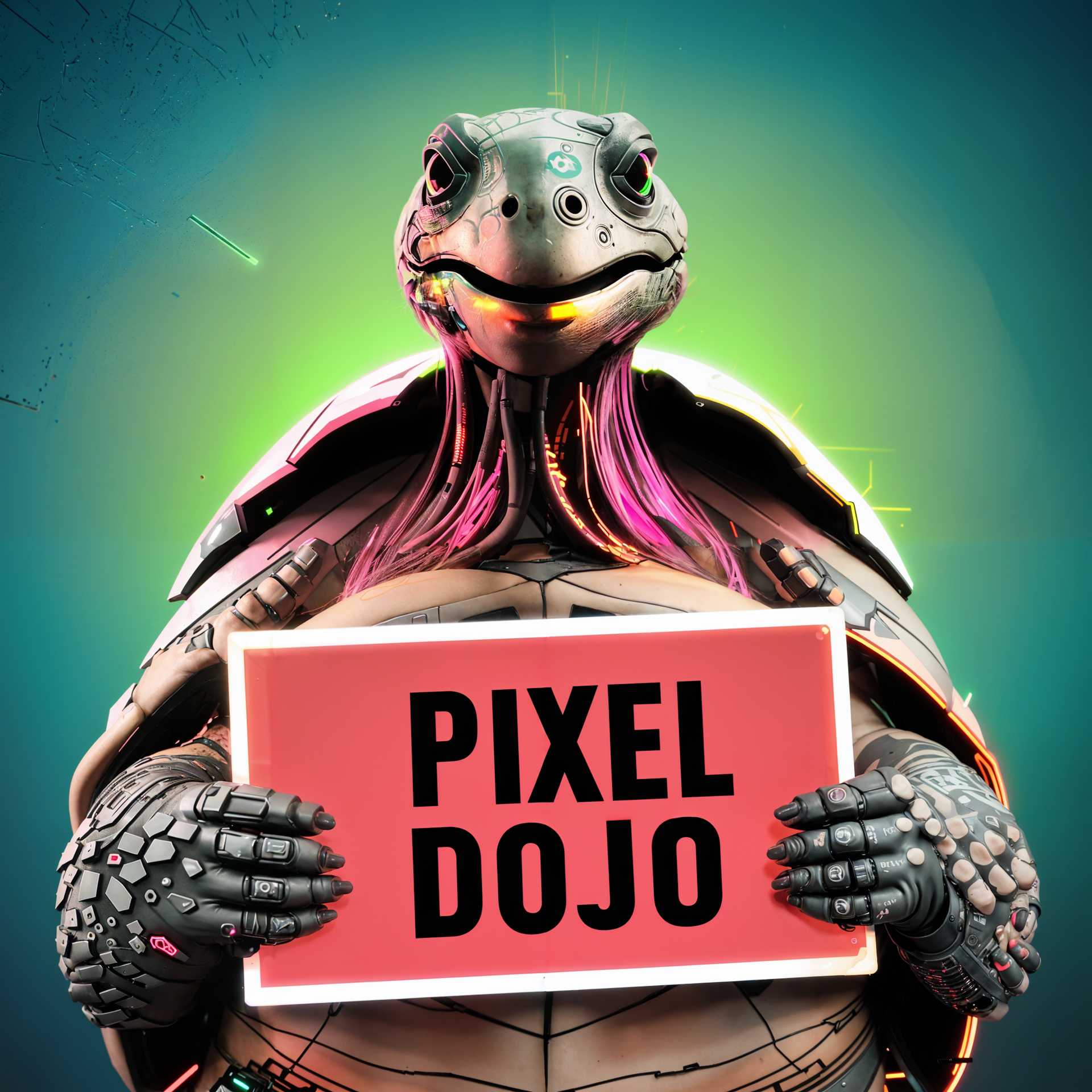 Cybernetic Turtle from Pixel Dojo Holds Neon Sign
