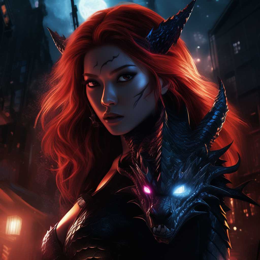 draconic traits to human woman with red hair, draconics claws, scaled arms, fantasy ambience, cyberpunk style