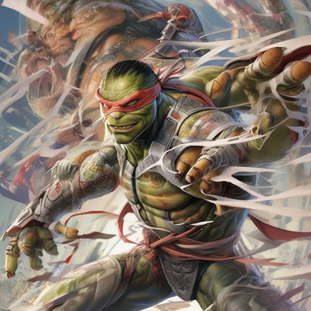 An intensely detailed depiction of a cyborg version of the character (((Raphael))) from Teenage Mutant Ninja Turtles, showcasing intricate Japanese art influences and demonic features. The shot captures him in a dynamic fighting pose, his face adorned with ((cybernetic enhancements)) and ((prosthetics)) with intricate details. This stunning image, whether a digital painting or a photograph, radiates an ultra-realistic quality that immerses viewers in its hyper-detailed composition. Every aspect of the character's bruised and beaten appearance is rendered with meticulous precision, enhancing the overall impact of the scene.