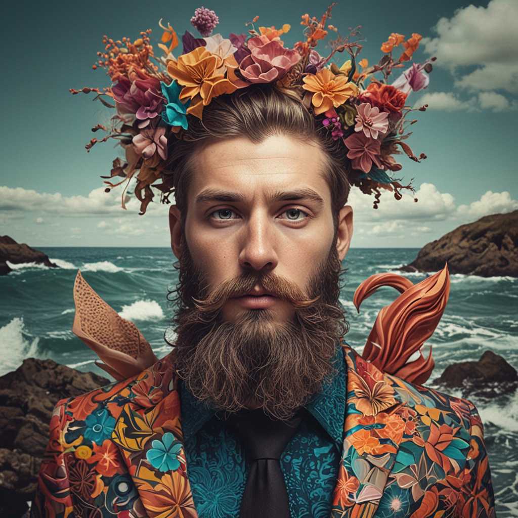 Surrealist Collage, Psychedelic Themes	Bearded Punk Man	The photo is a collage of disparate elements, each with a unique, vibrant color palette.	The man's head is detached from his body, floating in a sea of abstract shapes and textures.	The details of the man's clothes, beard, and even the environment are meticulously captured in a chaotic, yet beautiful, collage.	The man's eyes are closed, as if he's deeply immersed in a dream world.	The man's head is surrounded by surreal and unexpected objects, such as floating clocks, melting ice cream cones, and psychedelic eyes. Darkroom Photography, Psychedelic Manipulation	Bearded Punk Man	The photo uses muted, almost monochromatic colors, creating a dark and mysterious atmosphere.	The man's figure is blurred and distorted, almost dissolving into the background.	The man's beard appears to be made of intricate, almost alien patterns, each detail a story of its own.	The man's eyes are wide with fear, as if he's witnessing something terrifying yet beautiful.	A single, bright light source appears in the distance, casting long, distorted shadows that seem to reach out and touch the man.