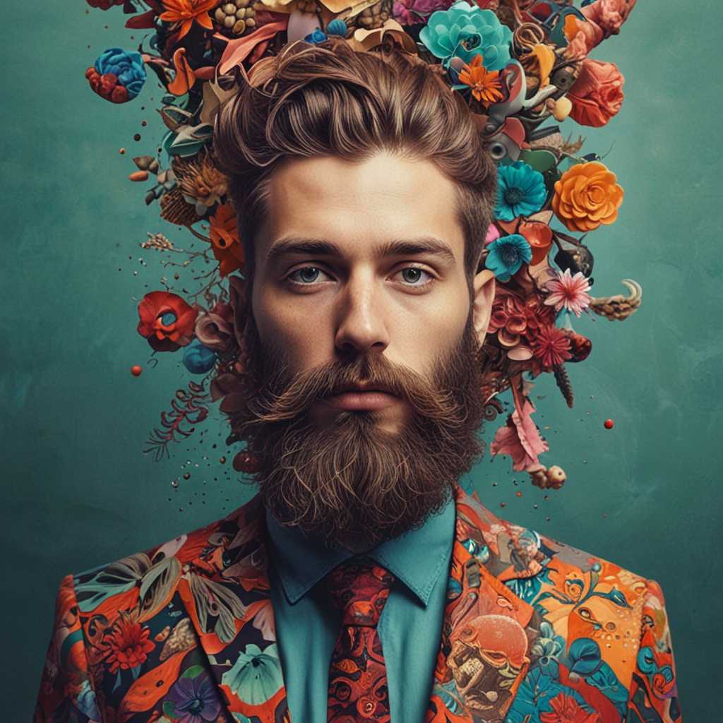 Surrealist Collage, Psychedelic Themes	Bearded Punk Man	The photo is a collage of disparate elements, each with a unique, vibrant color palette.	The man's head is detached from his body, floating in a sea of abstract shapes and textures.	The details of the man's clothes, beard, and even the environment are meticulously captured in a chaotic, yet beautiful, collage.	The man's eyes are closed, as if he's deeply immersed in a dream world.	The man's head is surrounded by surreal and unexpected objects, such as floating clocks, melting ice cream cones, and psychedelic eyes. Darkroom Photography, Psychedelic Manipulation	Bearded Punk Man	The photo uses muted, almost monochromatic colors, creating a dark and mysterious atmosphere.	The man's figure is blurred and distorted, almost dissolving into the background.	The man's beard appears to be made of intricate, almost alien patterns, each detail a story of its own.	The man's eyes are wide with fear, as if he's witnessing something terrifying yet beautiful.	A single, bright light source appears in the distance, casting long, distorted shadows that seem to reach out and touch the man.