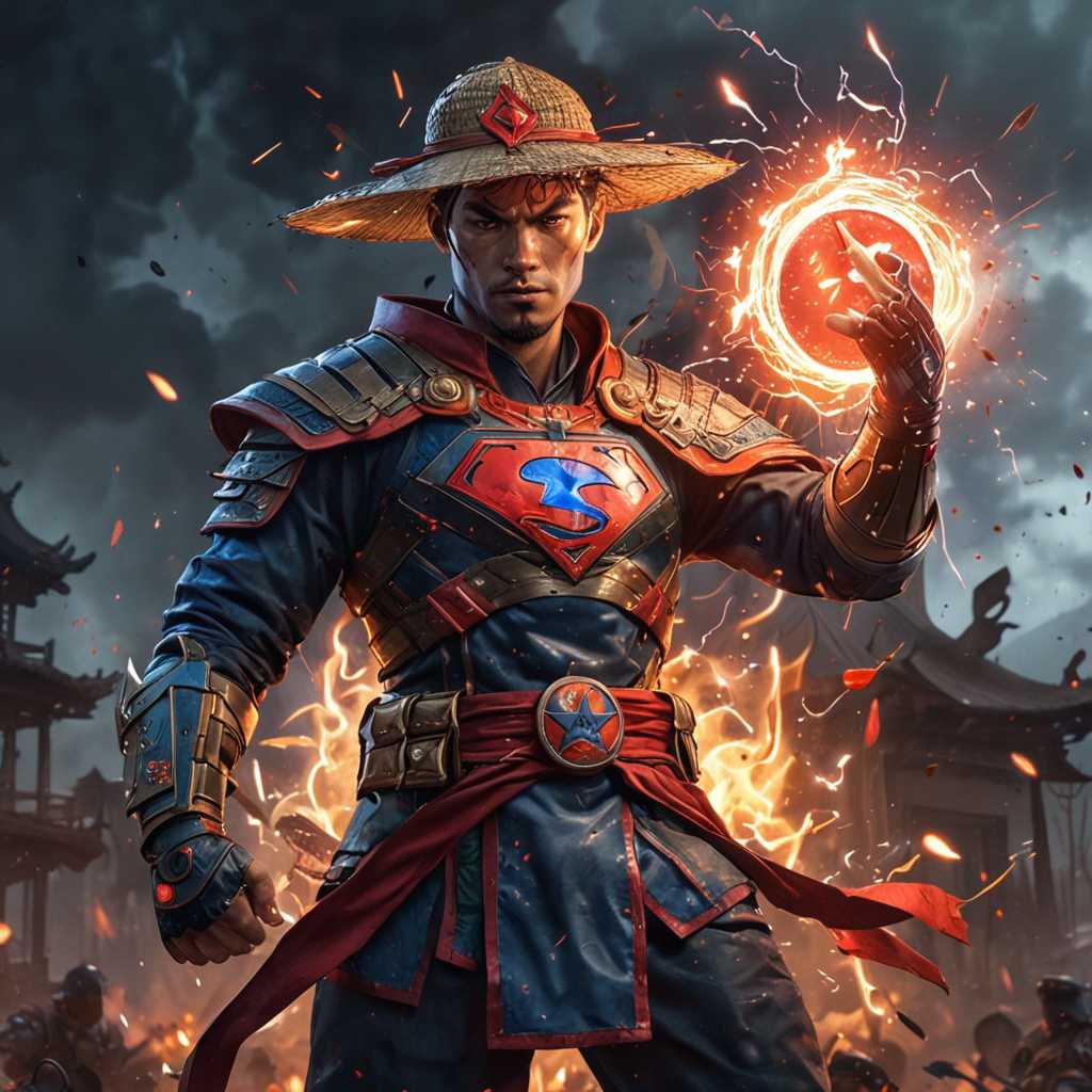 A character wearing a straw hat, reminiscent of a traditional Asian style, with a red 'S' emblem on the chest, resembling the Super  man logo. The character is adorned in armor with blue and red accents, and is wielding electricity in both hands. Hans Darias AI. The background is chaotic with lightning and embers, suggesting a battle or conflict. The character's intense gaze and the overall atmosphere of the image convey a sense of determination and power.