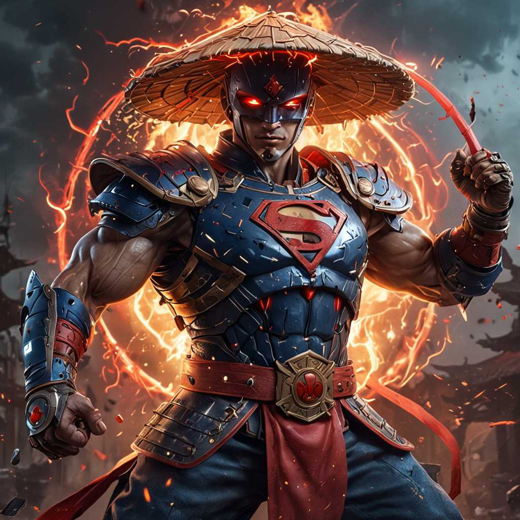 A character wearing a straw hat, reminiscent of a traditional Asian style, with a red 'S' emblem on the chest, resembling the Super  man logo. The character is adorned in armor with blue and red accents, and is wielding electricity in both hands. Hans Darias AI. The background is chaotic with lightning and embers, suggesting a battle or conflict. The character's intense gaze and the overall atmosphere of the image convey a sense of determination and power.