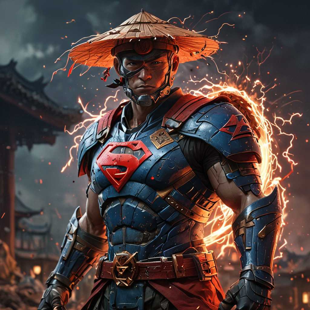 A character wearing a straw hat, reminiscent of a traditional Asian style, with a red 'S' emblem on the chest, resembling the Super  man logo. The character is adorned in armor with blue and red accents, and is wielding electricity in both hands. Hans Darias AI. The background is chaotic with lightning and embers, suggesting a battle or conflict. The character's intense gaze and the overall atmosphere of the image convey a sense of determination and power.