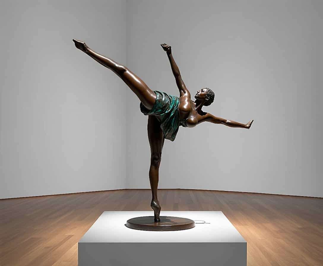 A dynamic and expressive bronze sculpture of a Black dancer in mid-movement. Predominant colors of bronze with patina accents of green and blue. The dancer is captured in an elegant leap, with flowing garments adding to the sense of movement. The sculpture is viewed from a 360-degree angle to appreciate it from all sides. The background features a minimalist pedestal in a modern gallery setting. Dramatic spotlighting highlights the curves and details of the sculpture. Influenced by modernism, the style focuses on form and movement. Created using traditional sculpting techniques and bronze casting.