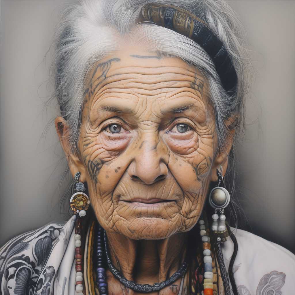 A hyper-realistic portrait of an elderly woman with intricate facial tattoos, deep wrinkles telling stories of a long life, wearing traditional clothing.