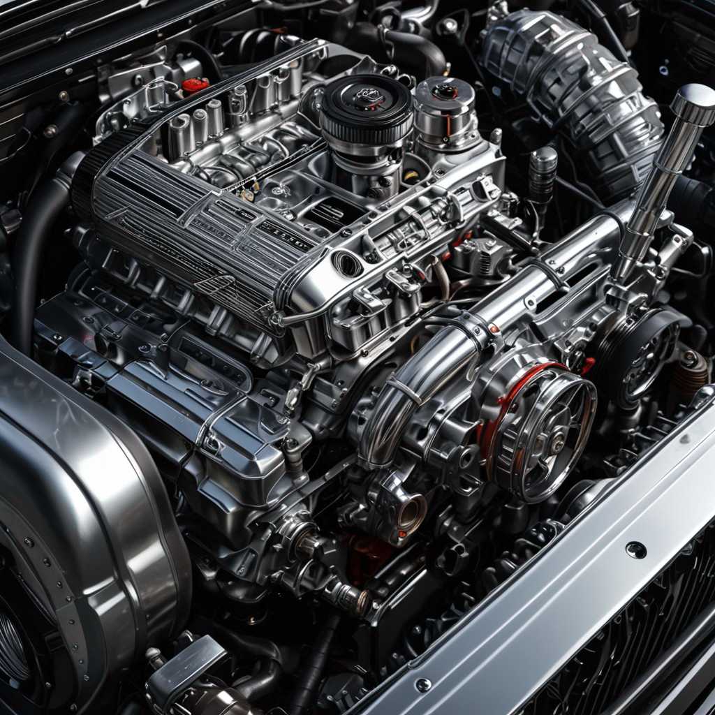 An ultra-detailed shot of a classic car's engine, showcasing the chrome parts, intricate mechanisms, and textures of metal and rubber, with soft reflections and shadows.