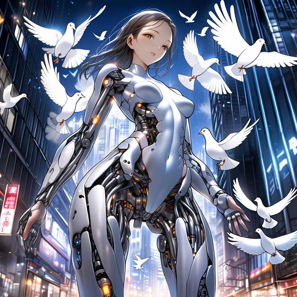 A cyborg woman cleverly hidden steel body parts and doves flying, nighttime, long exposure city