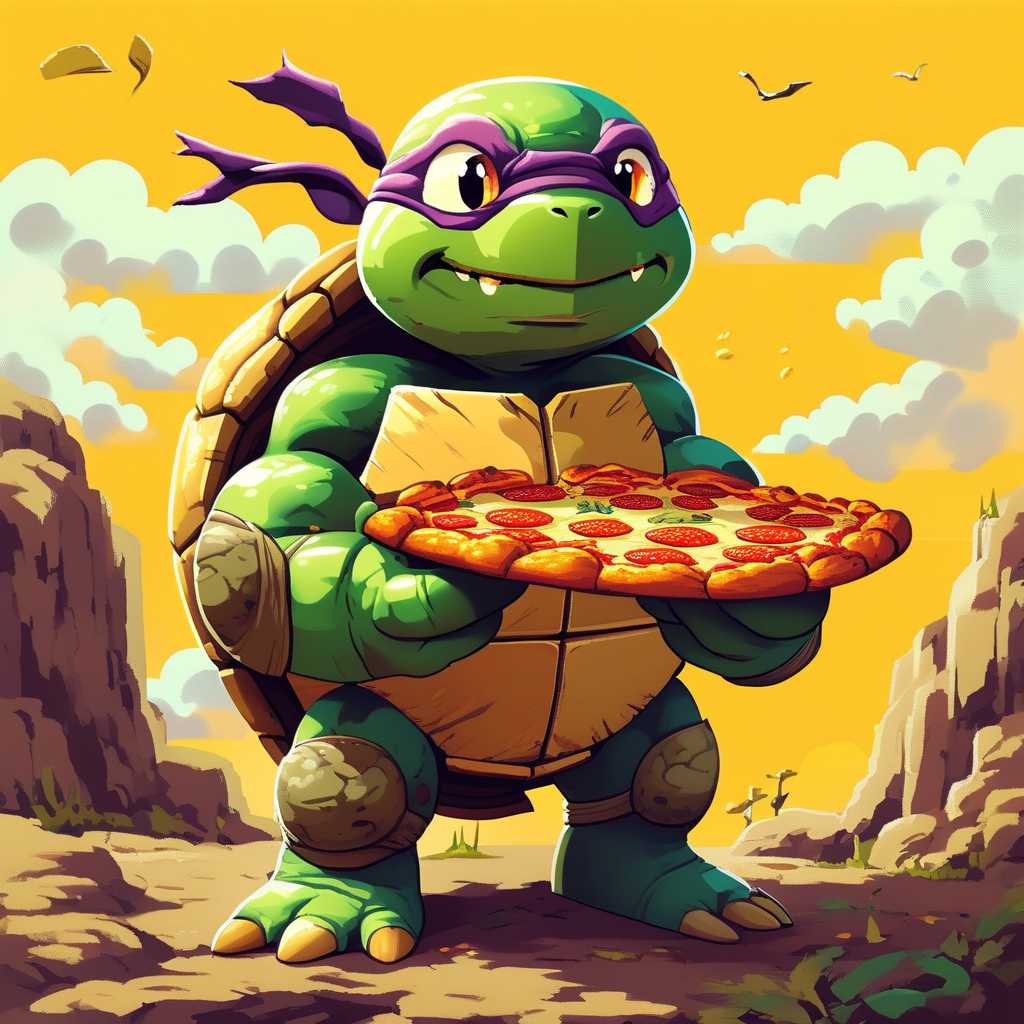 a stylized cartoon image, yellow background, a ninja turtle holding a pizza, the turtle is wearing a white and brown cap, large eyes and a friendly expression, the turtle is standing on its hind legs, the pizza is held in both of its front legs, small clouds and trees on either side of the turtle, the text "Pixel Dojo" is in large brown letters at the top, the text "We Deliver" at the bottom in brown, the overall style is retro with halftone shading
