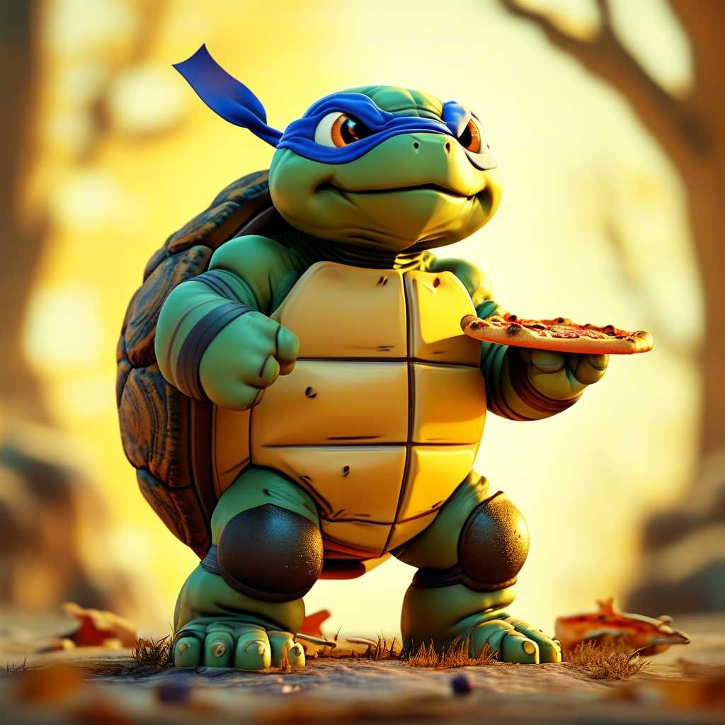 a stylized cartoon image, yellow background, a ninja turtle holding a pizza, the turtle is wearing a white and brown cap, large eyes and a friendly expression, the turtle is standing on its hind legs, the pizza is held in both of its front legs, small clouds and trees on either side of the turtle, the text "Pixel Dojo" is in large brown letters at the top, the text "We Deliver" at the bottom in brown, the overall style is retro with halftone shading