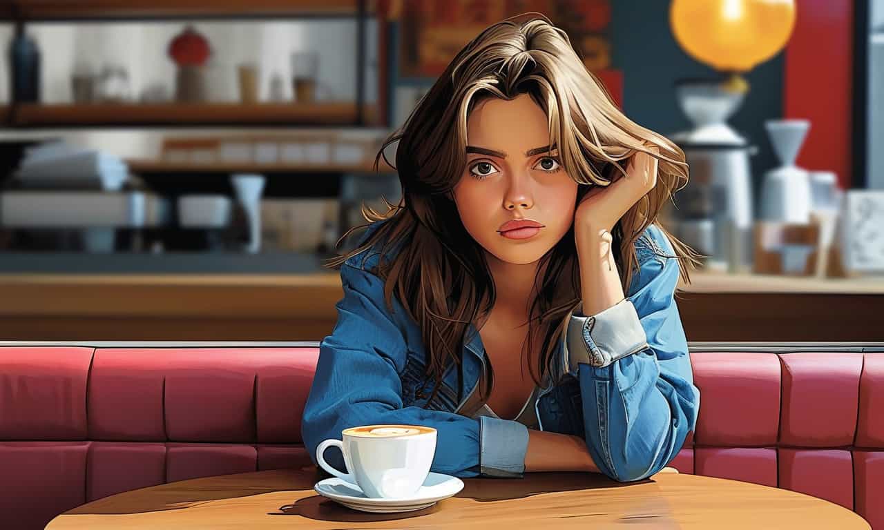 A girl with brown hair is sitting in the cafe holding her head, she looks angry. A coffee cup is on the table in the style of Akira Toriyama. The style is comic book with flat colors and a vector illustration. The color palette includes reds, blues and greys. It is high resolution with high detail, intricate details and sharp focus in the style of studio photography with hard light