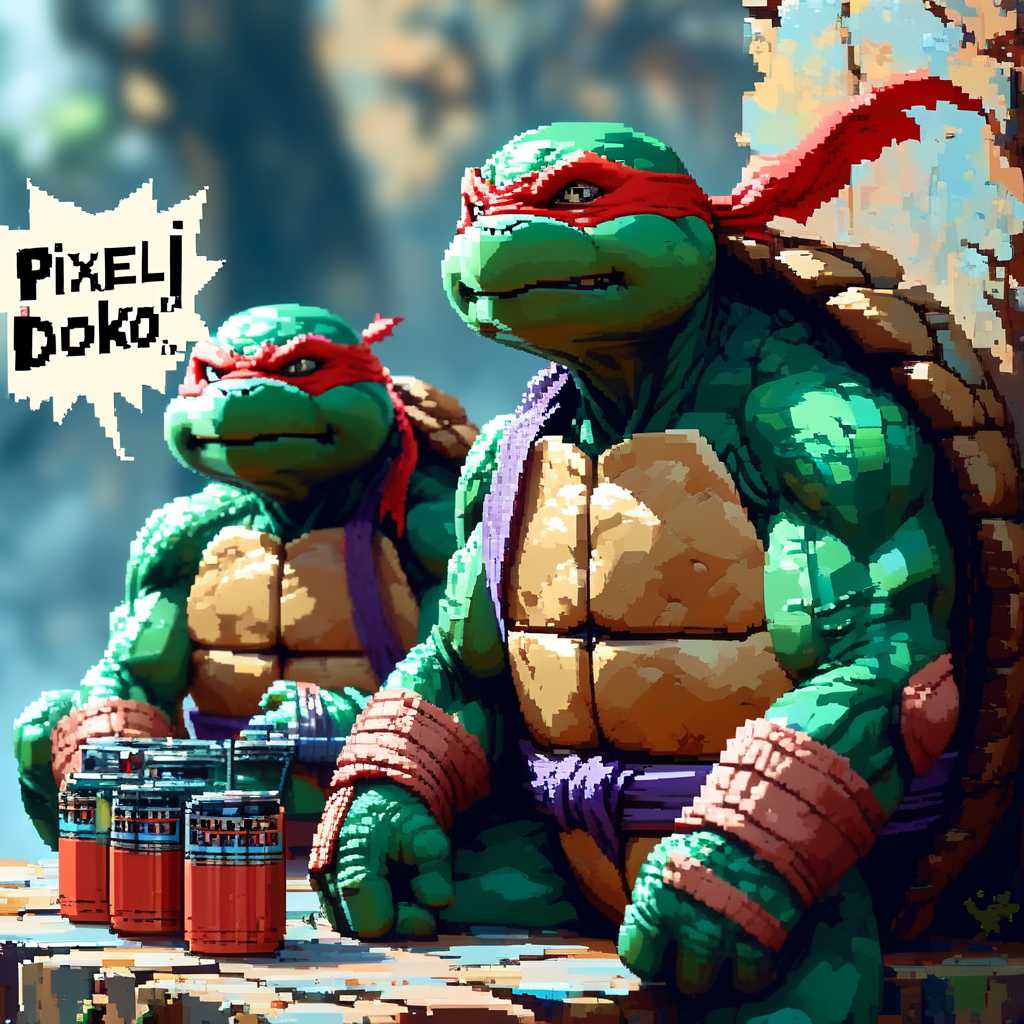 a ninja turtle saying "Pixel Dojo" in a speech bubble