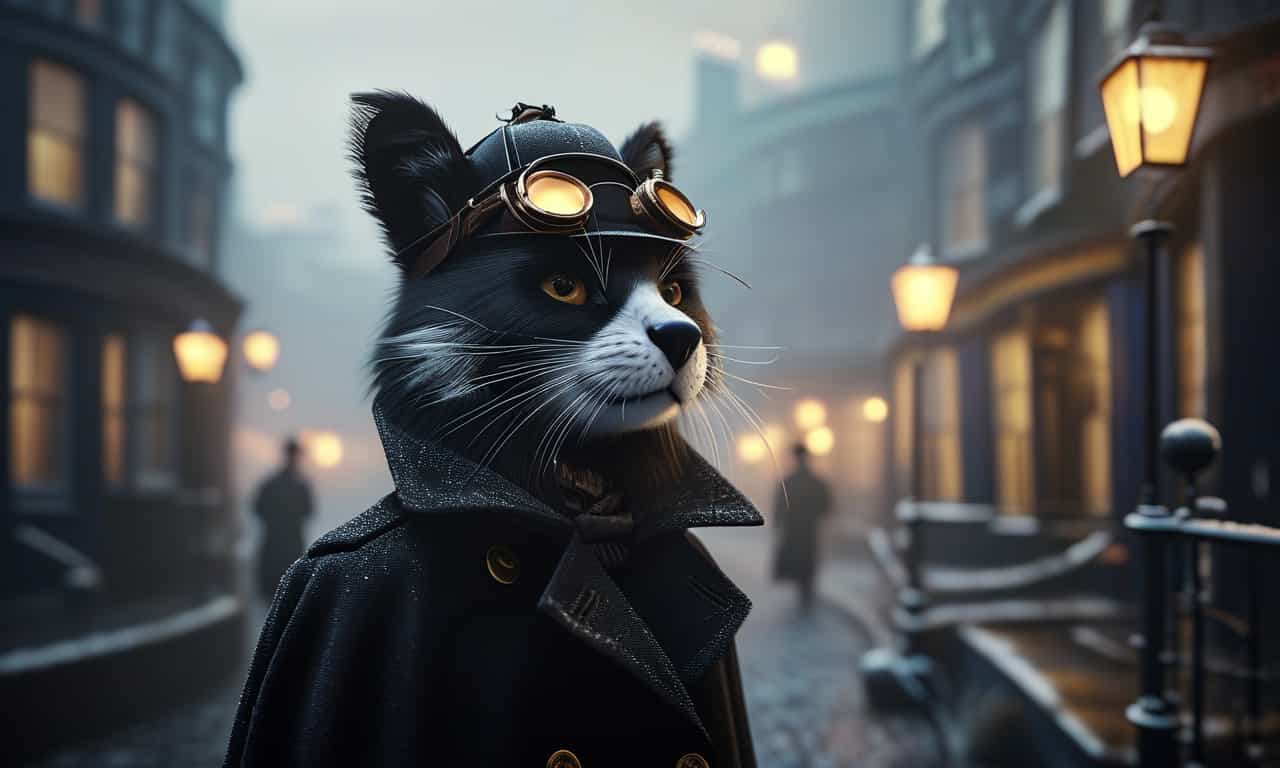 Steampunk Detective Cat in Victorian Street at Dusk