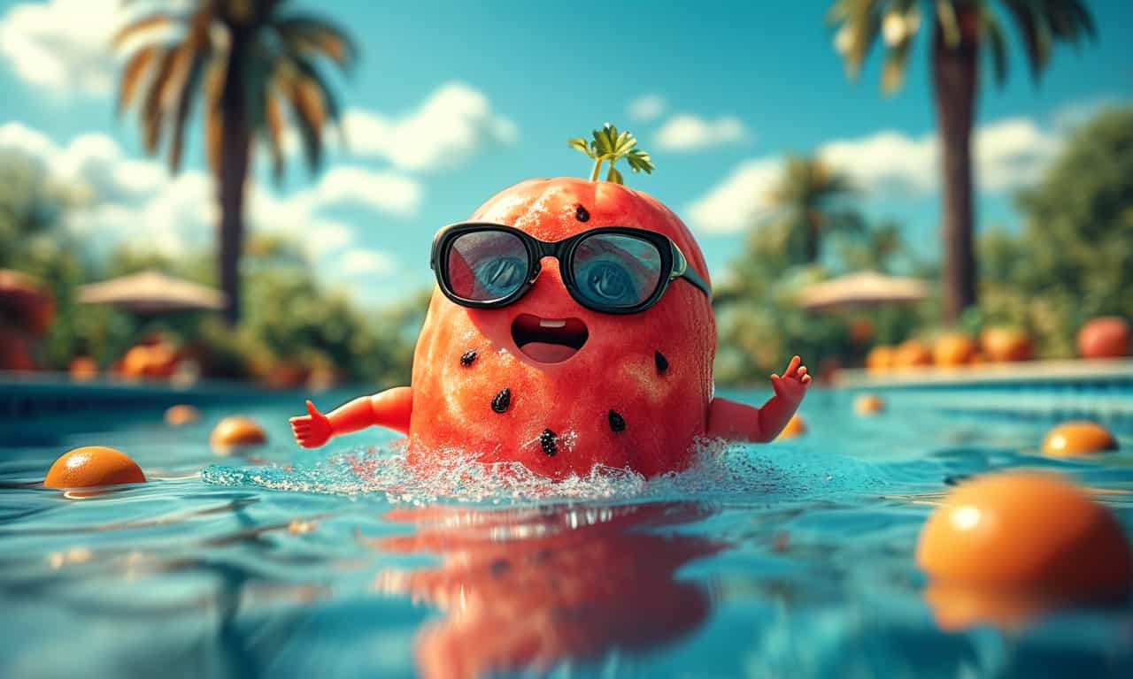 Watermelon Character with Sunglasses Enjoying a Swim in a Pool