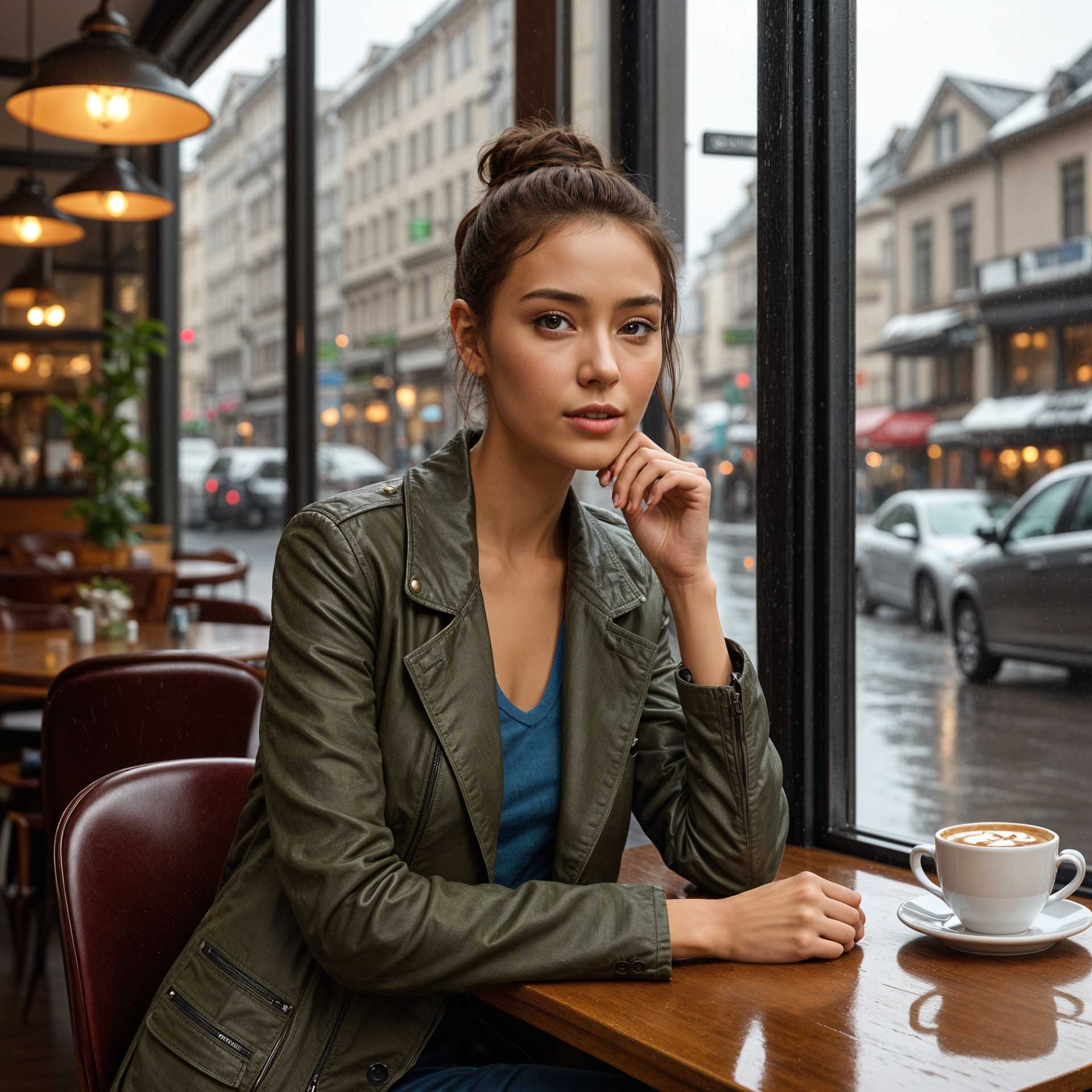 Contemplative Young Woman Enjoying a Coffee at a City Cafe Window.