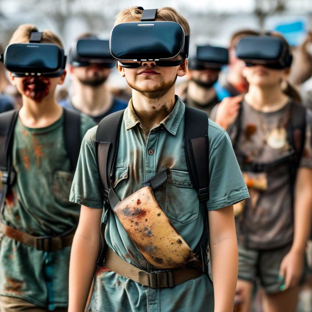 a several people with vr goggles attached to their heads in a zombie walk