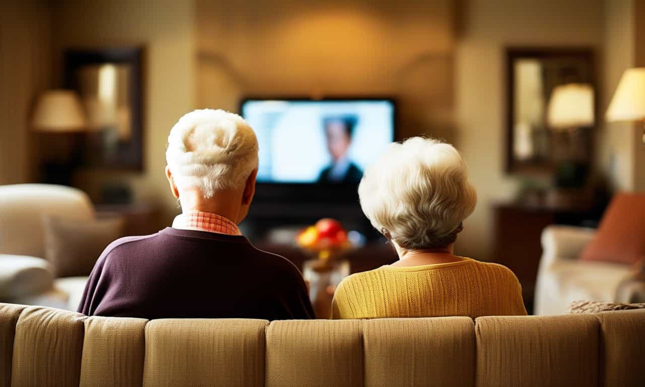 elderly people watching cable news from their sofa