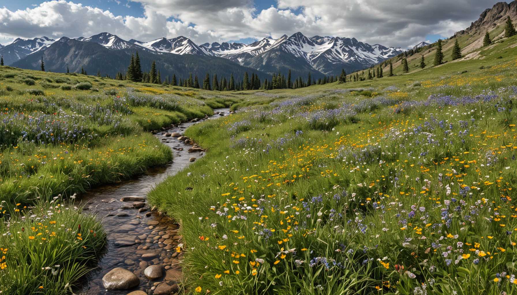 a very detailed photograph of a tranquil mountain meadow bursting with wildflowers of every color, a babbling brook winding through the scene, distant snow-capped peaks framing the horizon